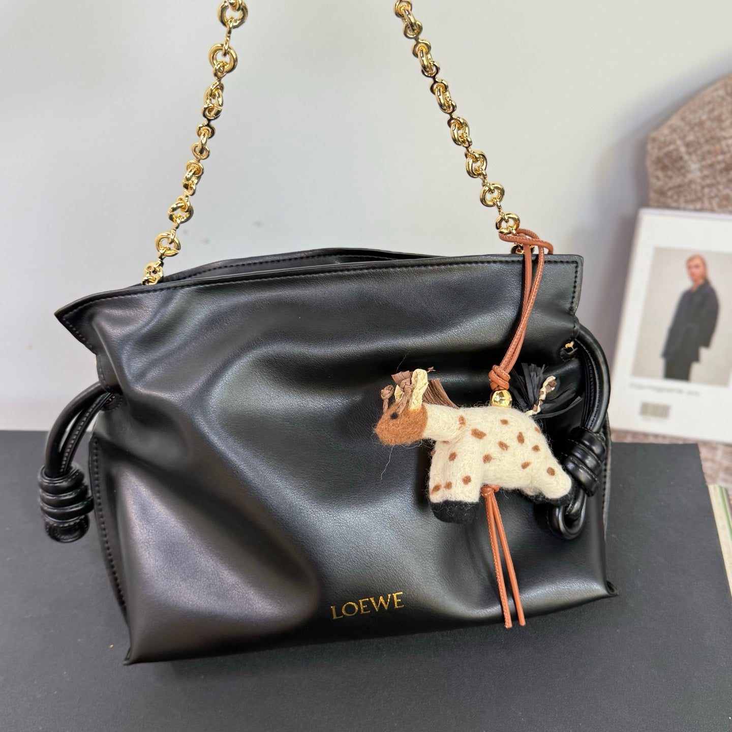 Loewe x Paula's Ibiza Giraffe Bag Charm Brown And Off-white Raffia Leather