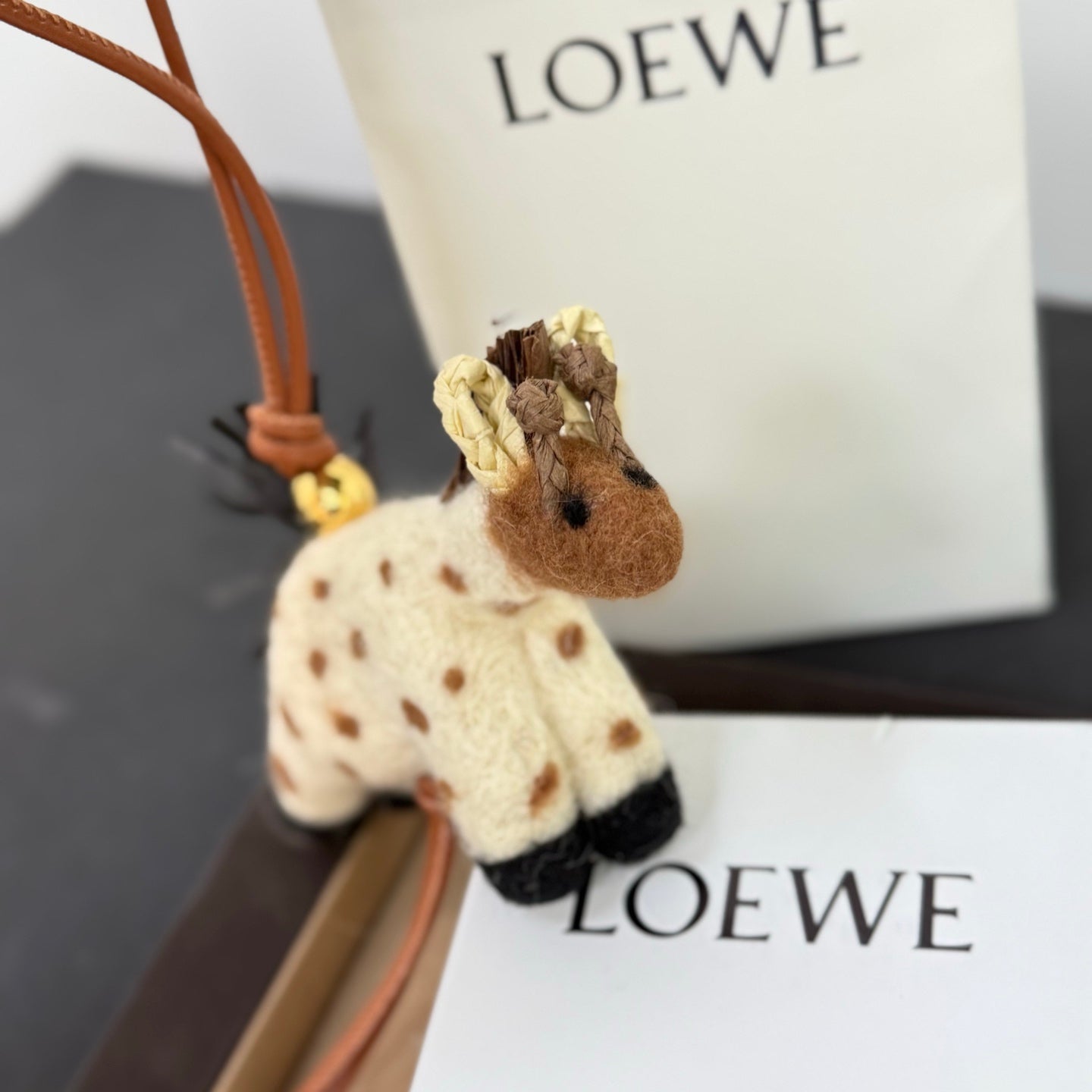Loewe x Paula's Ibiza Giraffe Bag Charm Brown And Off-white Raffia Leather