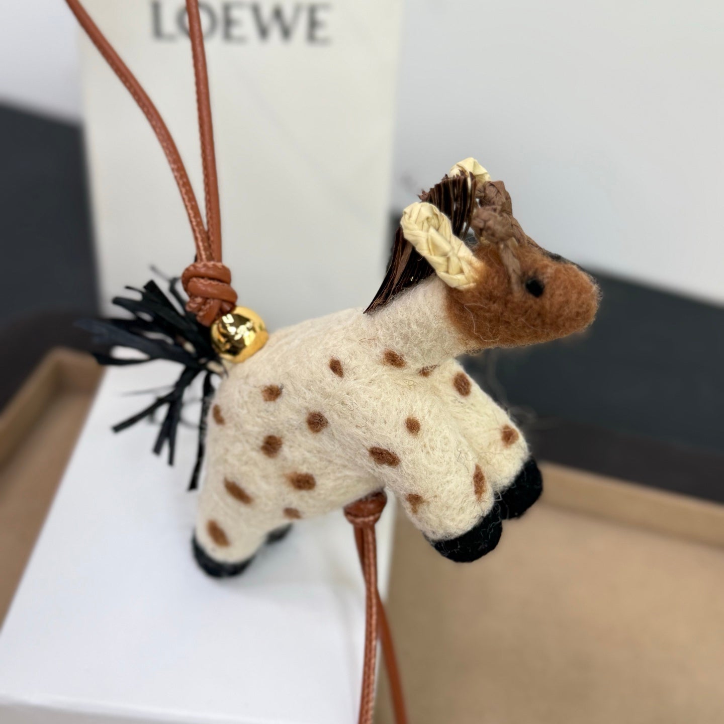 Loewe x Paula's Ibiza Giraffe Bag Charm Brown And Off-white Raffia Leather