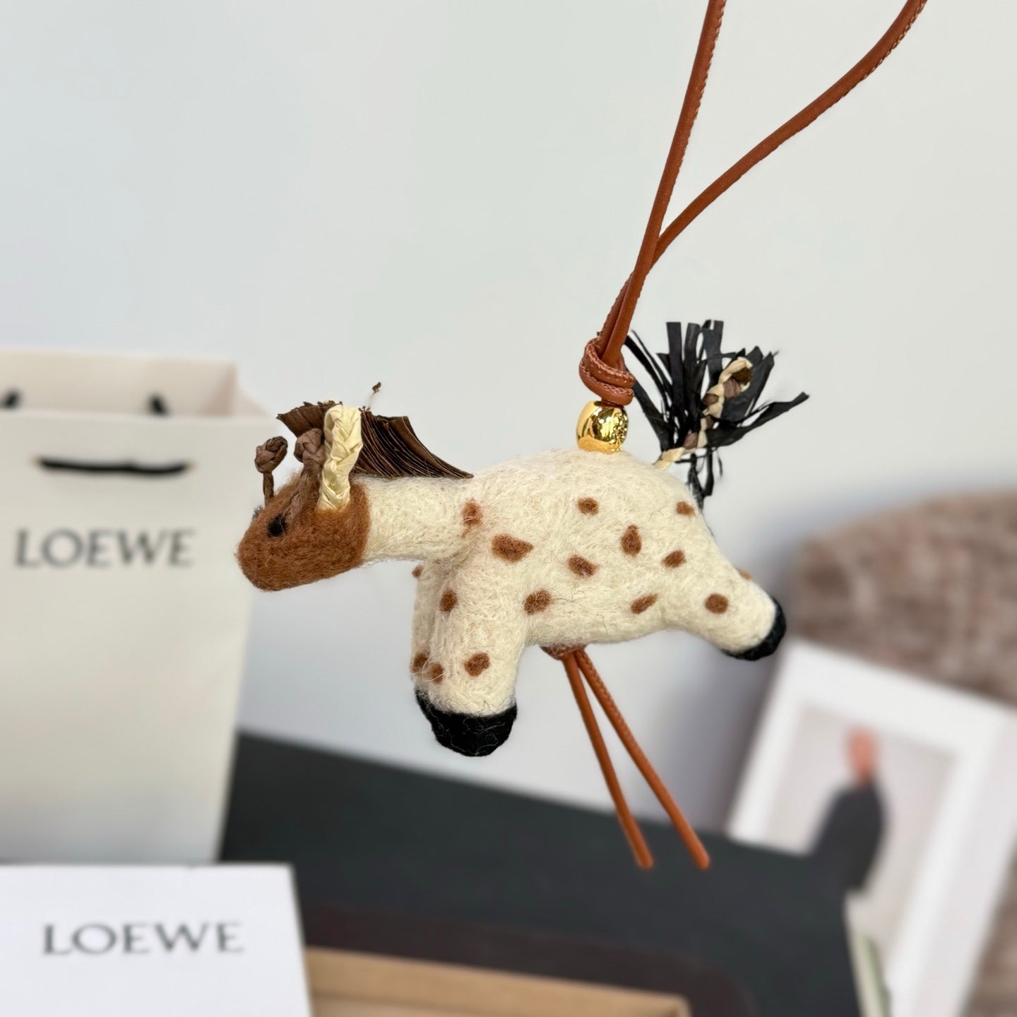 Loewe x Paula's Ibiza Giraffe Bag Charm Brown And Off-white Raffia Leather