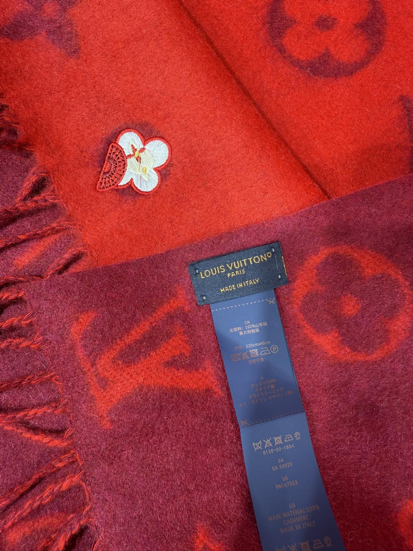 LV Reykjavik Monogram Scarf 220cm Red Cashmere 969395