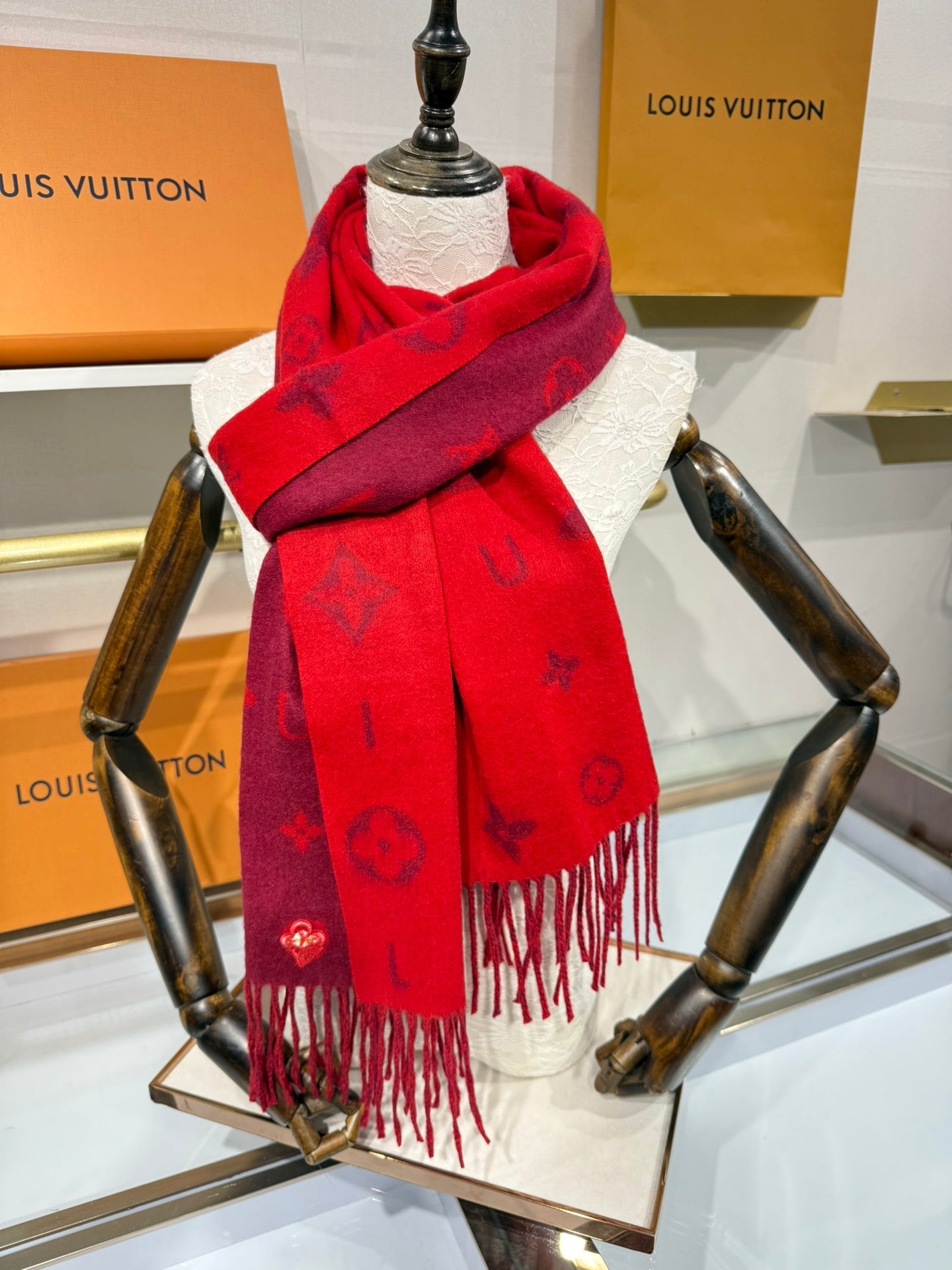 LV Reykjavik Monogram Scarf 220cm Red Cashmere 969395