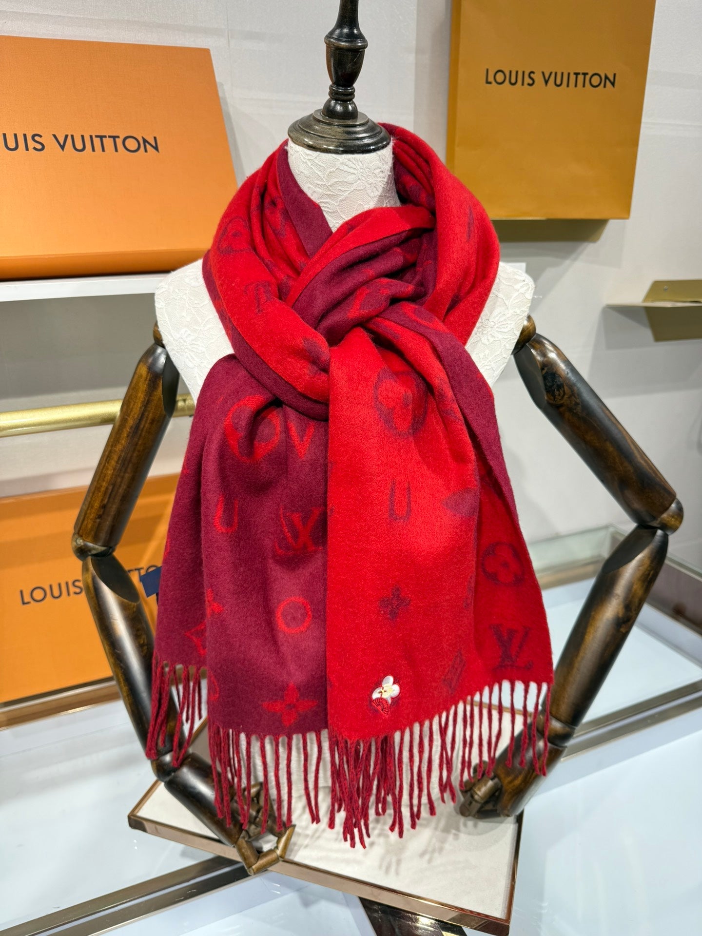 LV Reykjavik Monogram Scarf 220cm Red Cashmere 969395