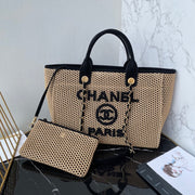 CC 25 Deauville Tote Bag 34cm Beige Black Crochet Suede