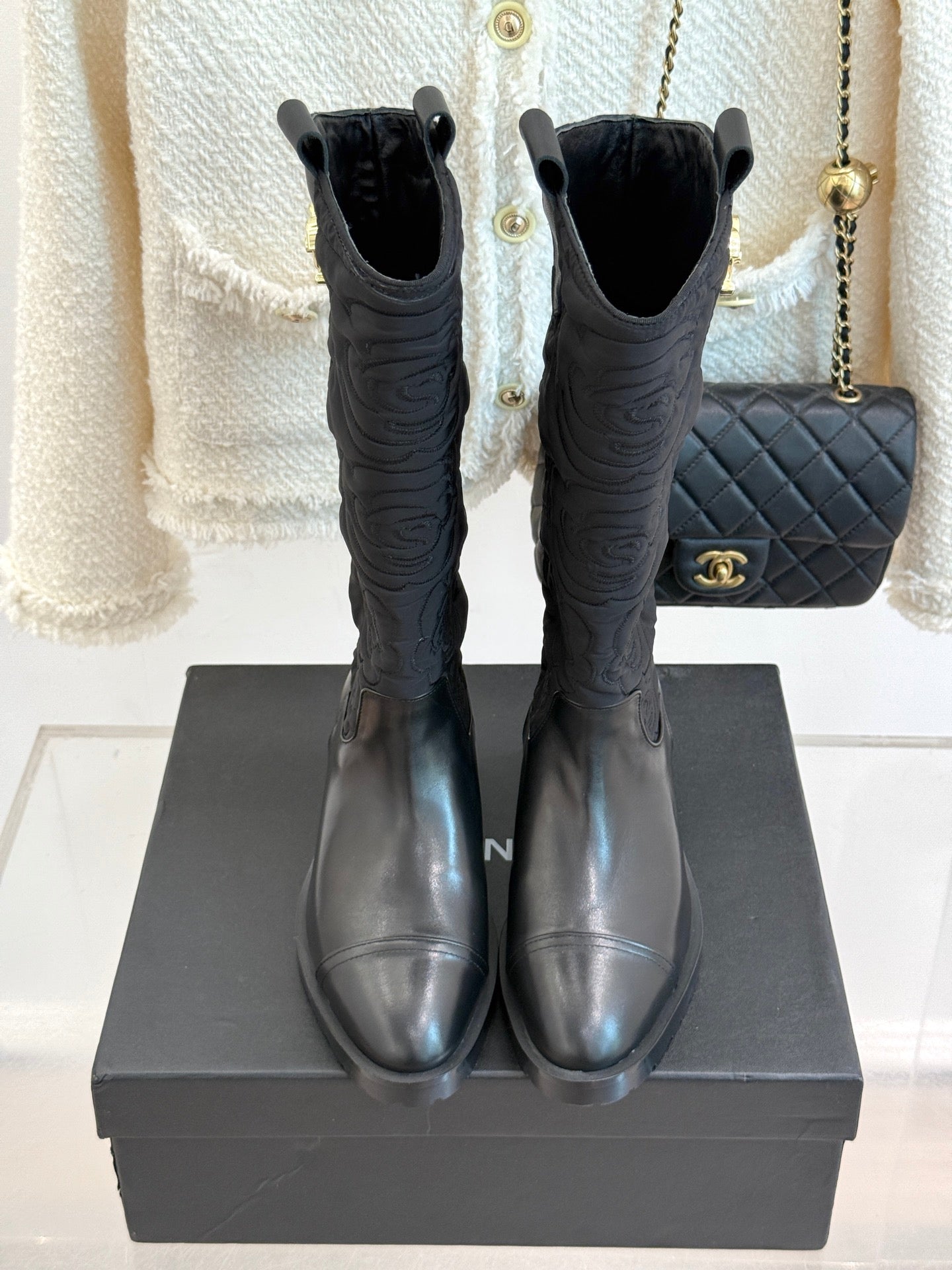 CC cowboy mid-calf boots black sheepskin denim fabric 511980