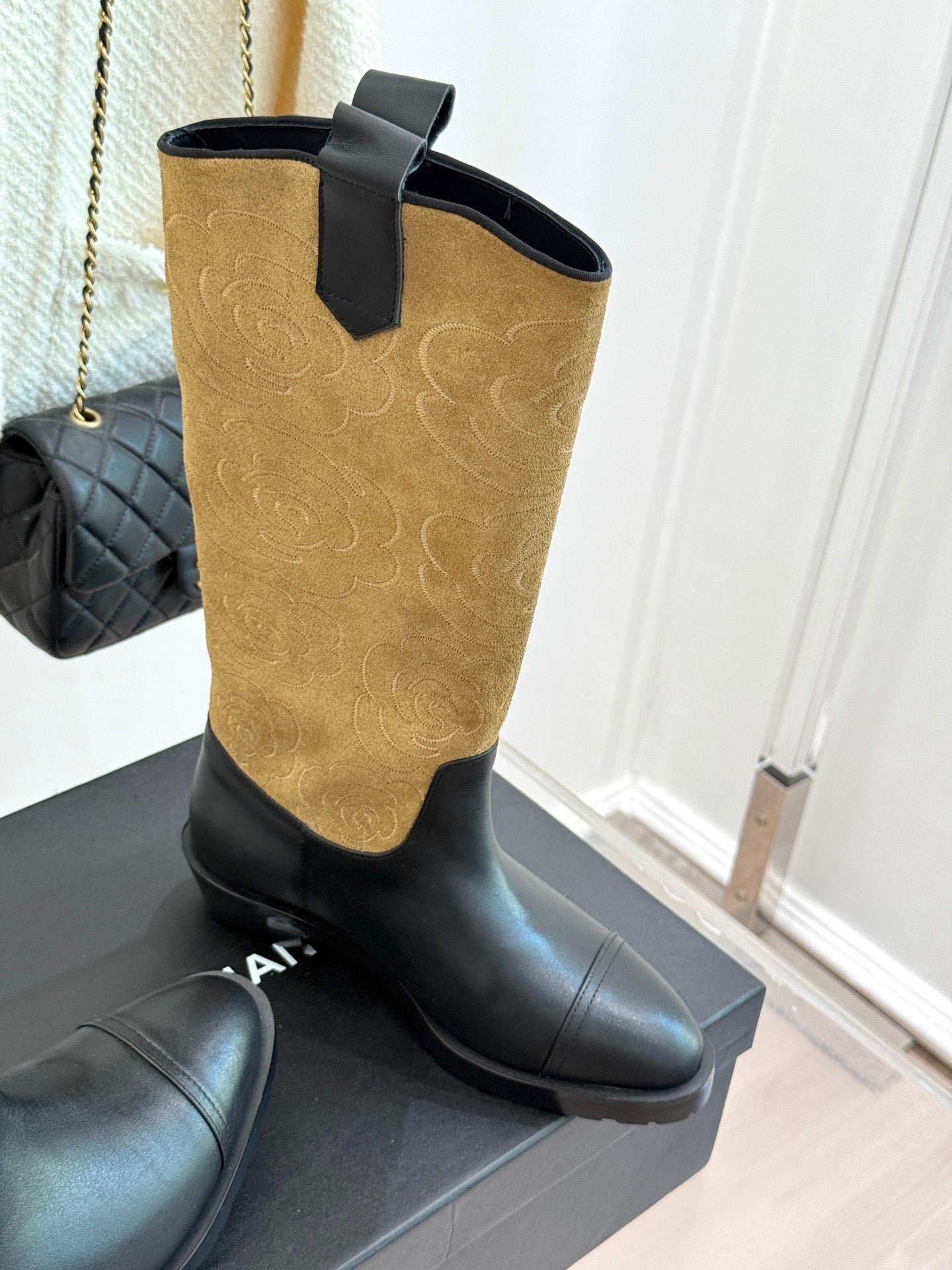 CC cowboy mid-calf boots black brown sheepskin suede 511983