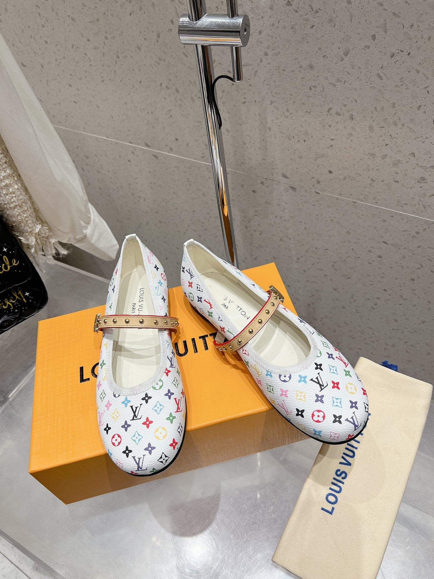 LV 26s Ballet Flats White Multicolor Monogram Leather 610842