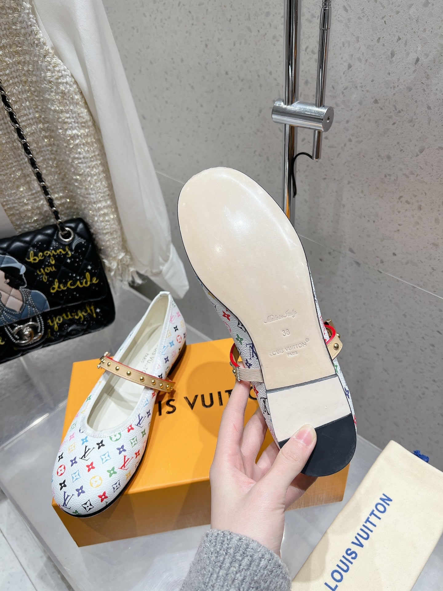LV 26s Ballet Flats White Multicolor Monogram Leather 610842