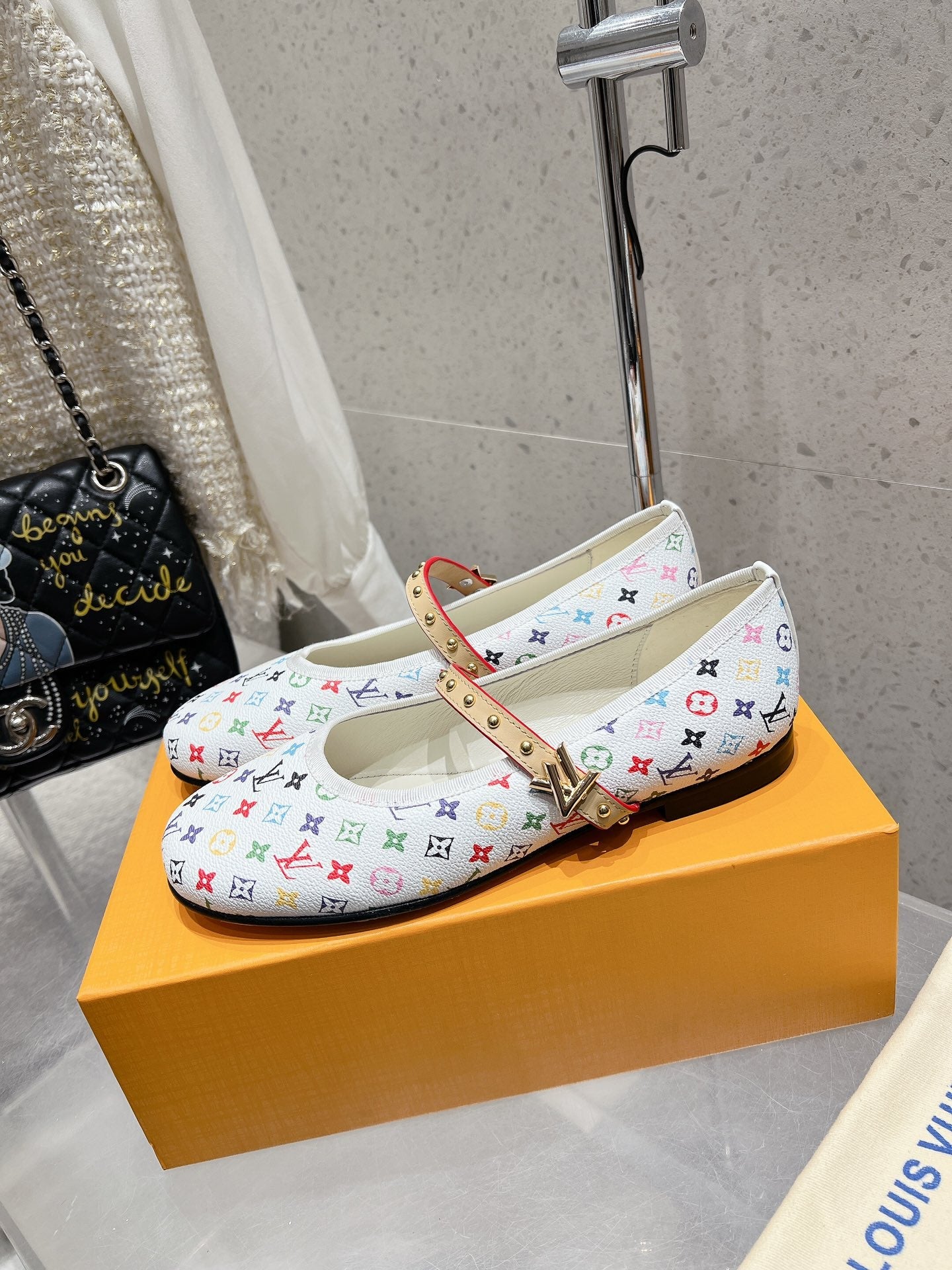 LV 26s Ballet Flats White Multicolor Monogram Leather 610842