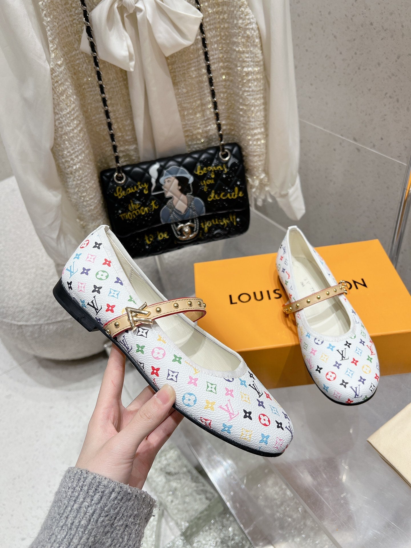 LV 26s Ballet Flats White Multicolor Monogram Leather 610842