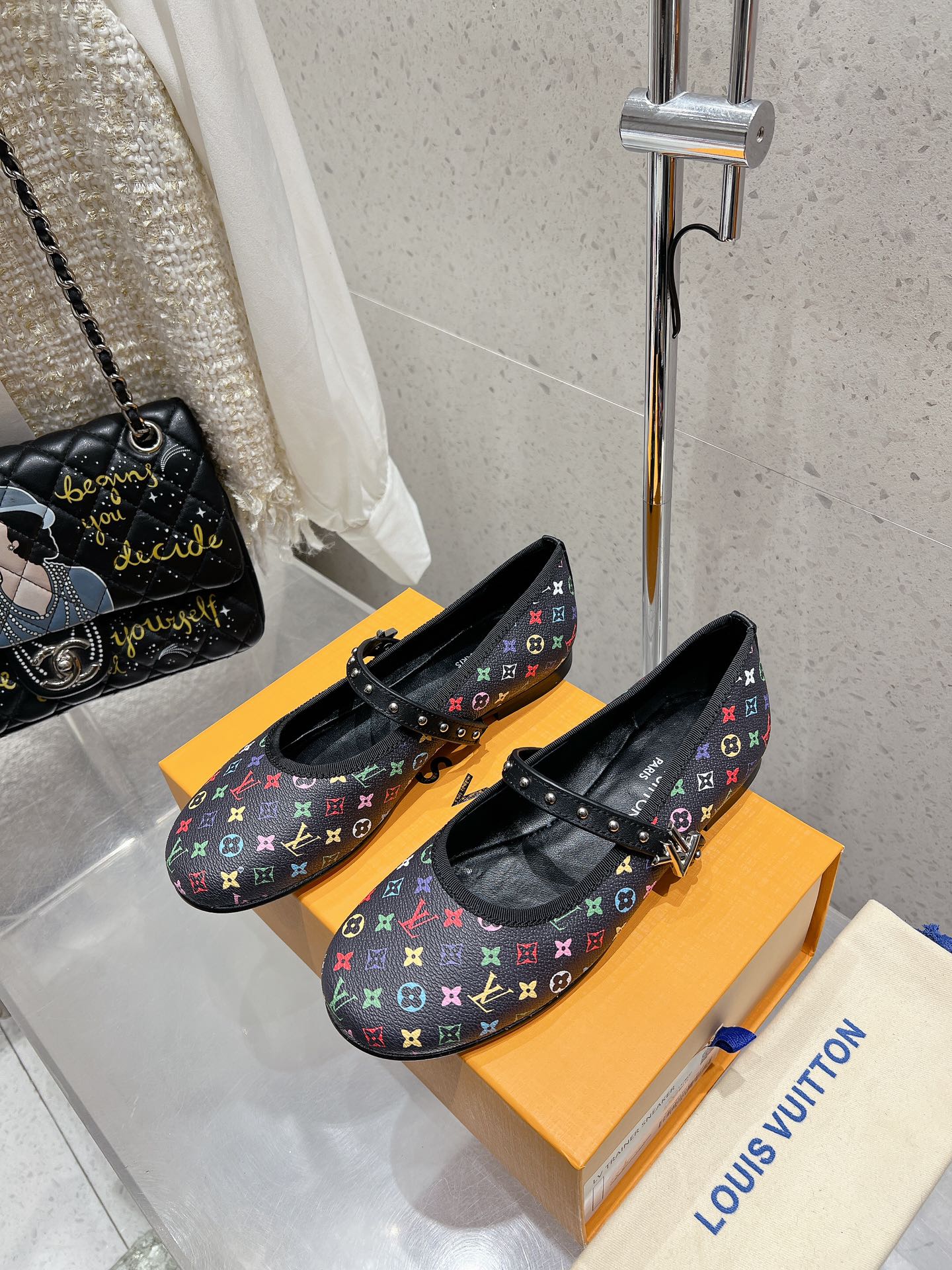 LV 26s Ballet Flats Black Multicolor Monogram Leather 610843