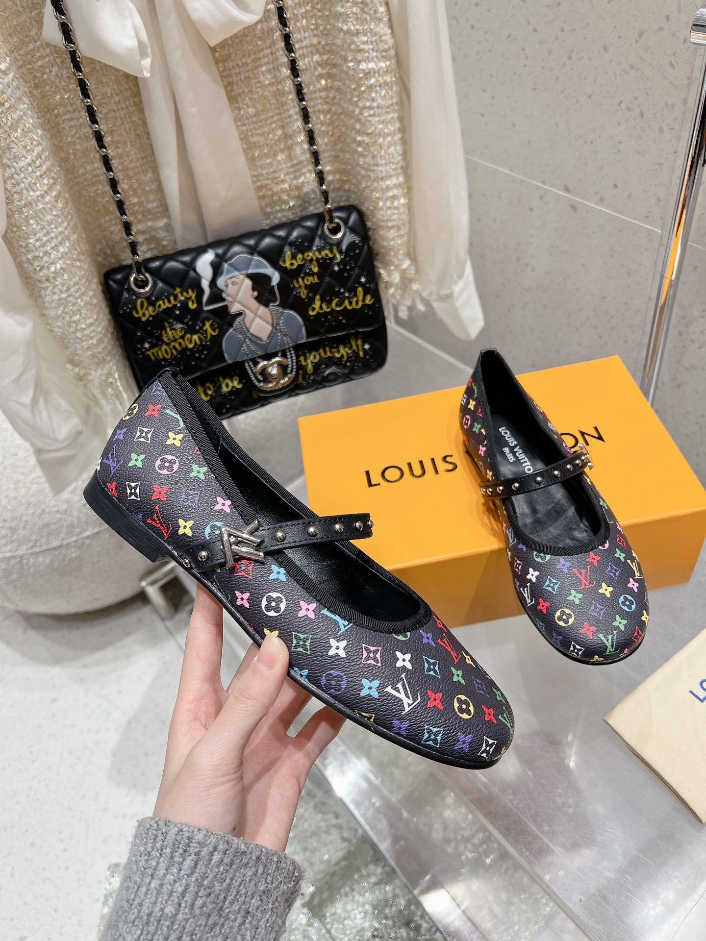 LV 26s Ballet Flats Black Multicolor Monogram Leather 610843