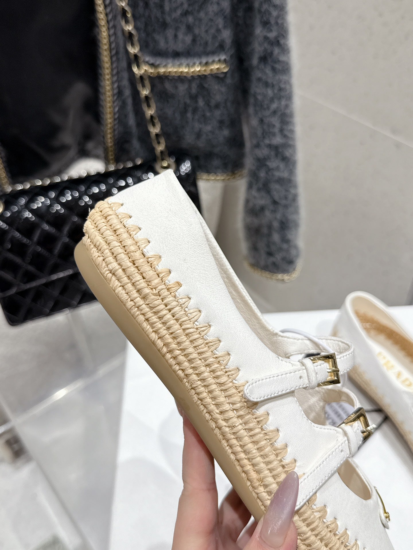 Pra 2025 Ballet Flat White Beige Cowhide Woven 554288