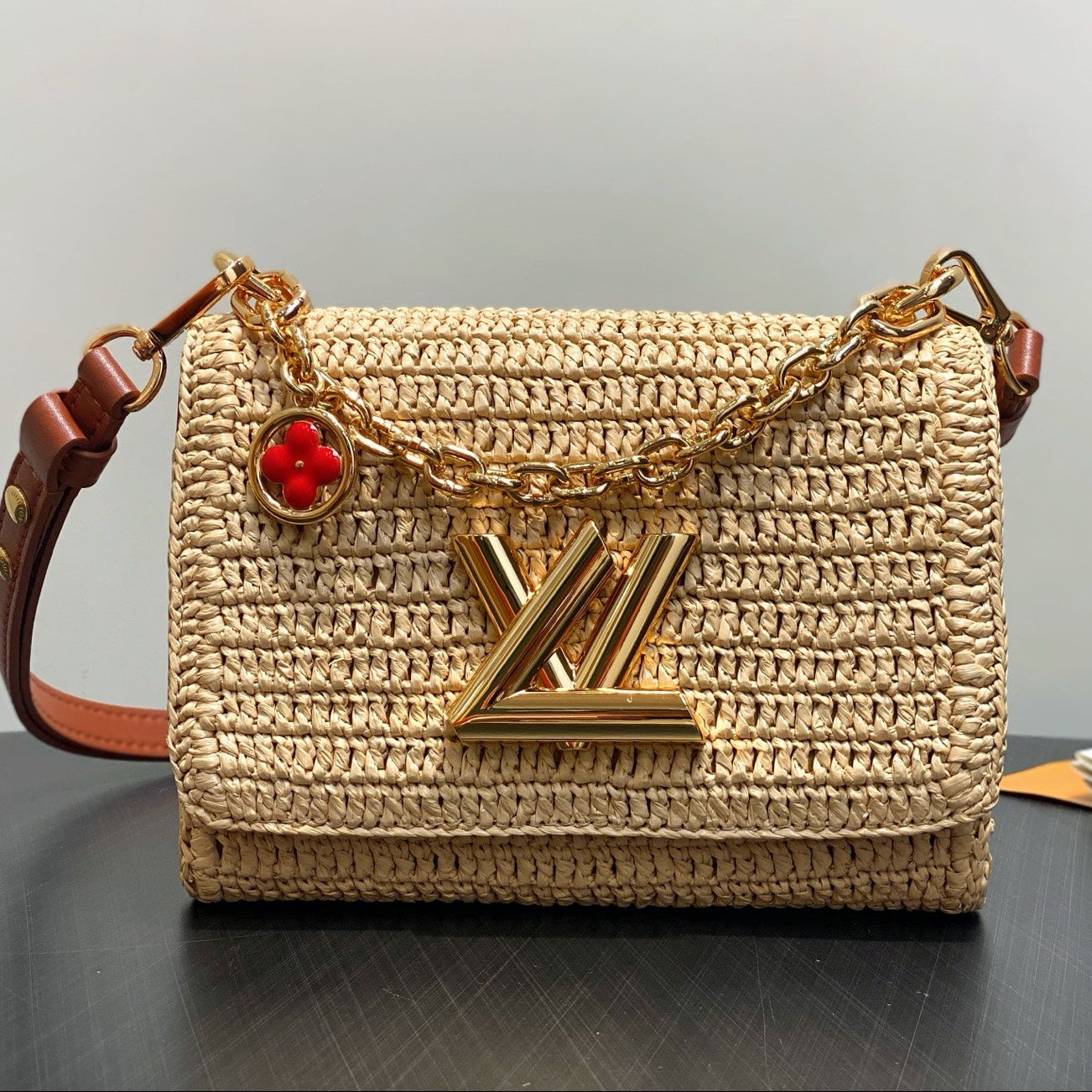 LV 2025 Twist PM Slim 19cm Beige Gold Raffia Leather 344001