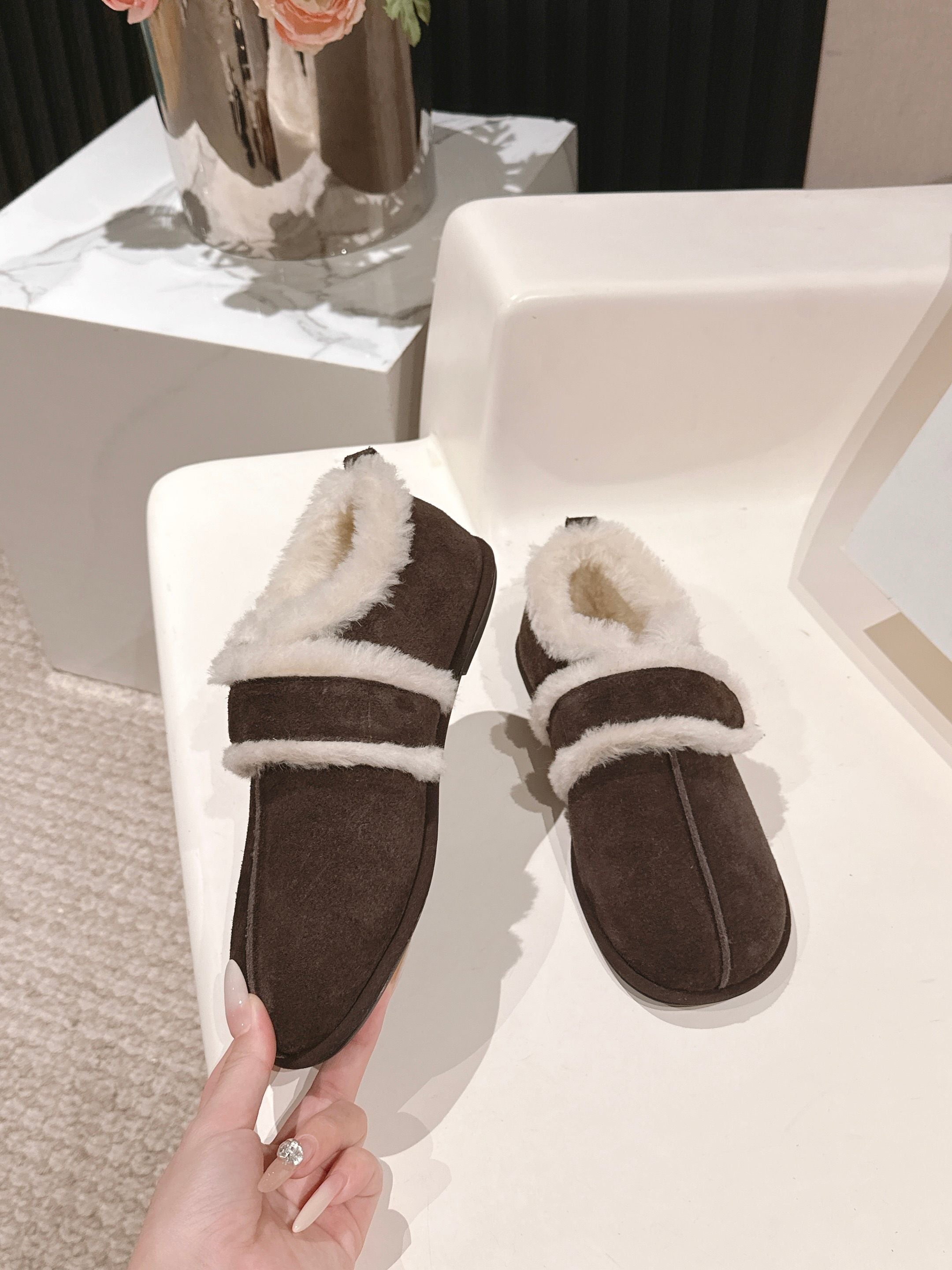 The Row 2025 Furry Shoe Dark Brown White Suede Wool 560591