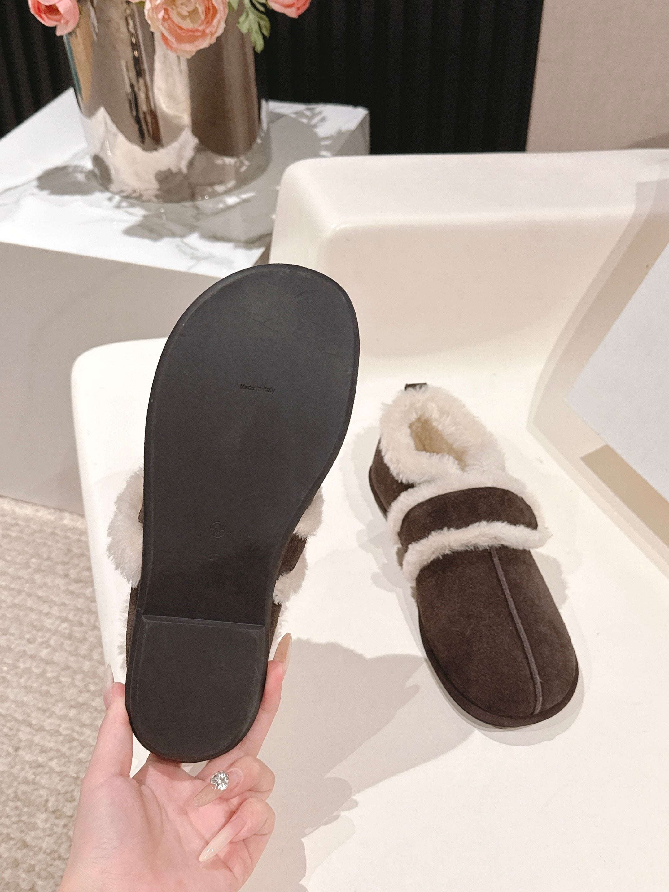 The Row 2025 Furry Shoe Dark Brown White Suede Wool 560591