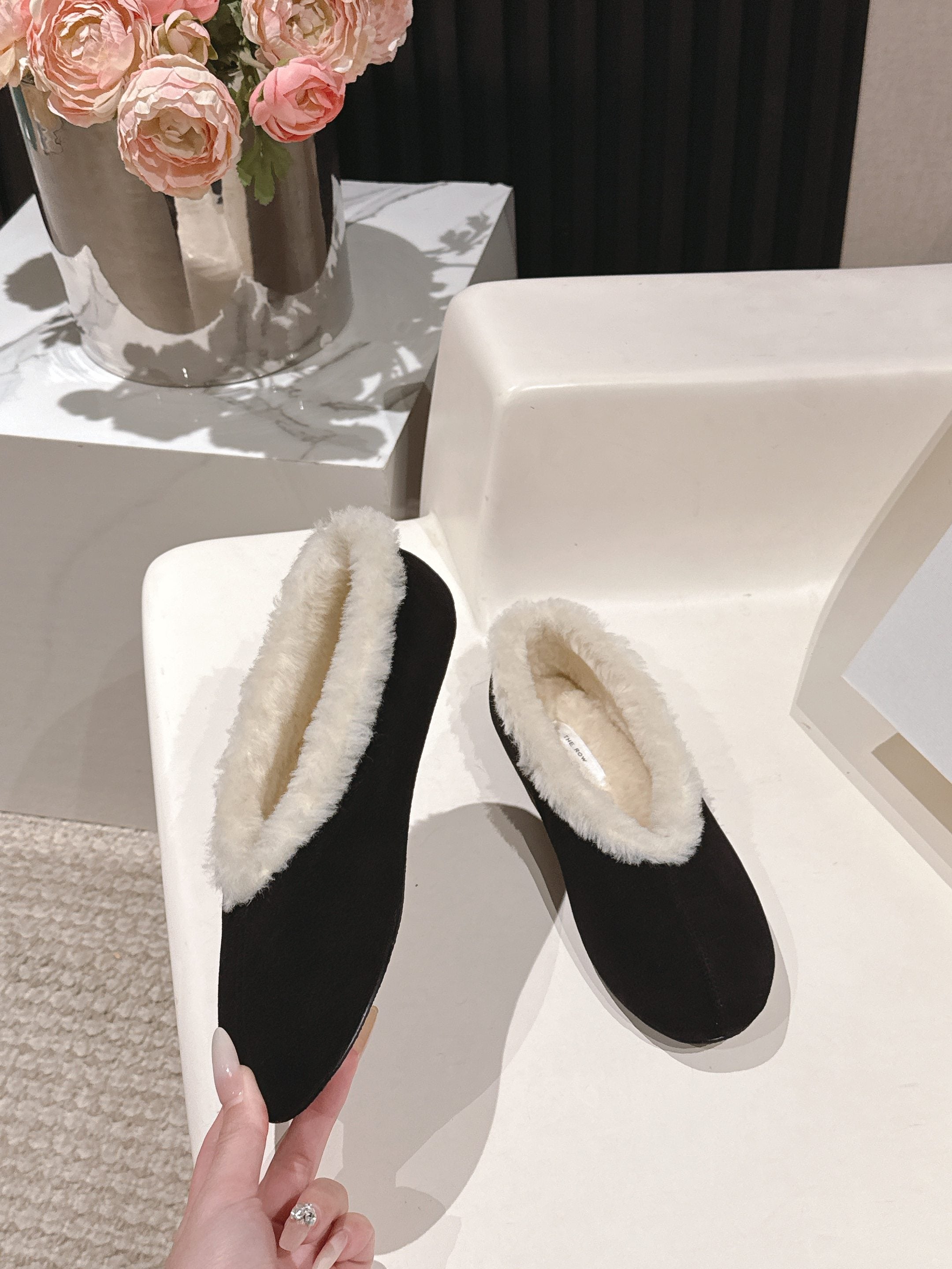 The Row 2025 Fur-lined Flat Shoe Black mix White Suede Wool 560505