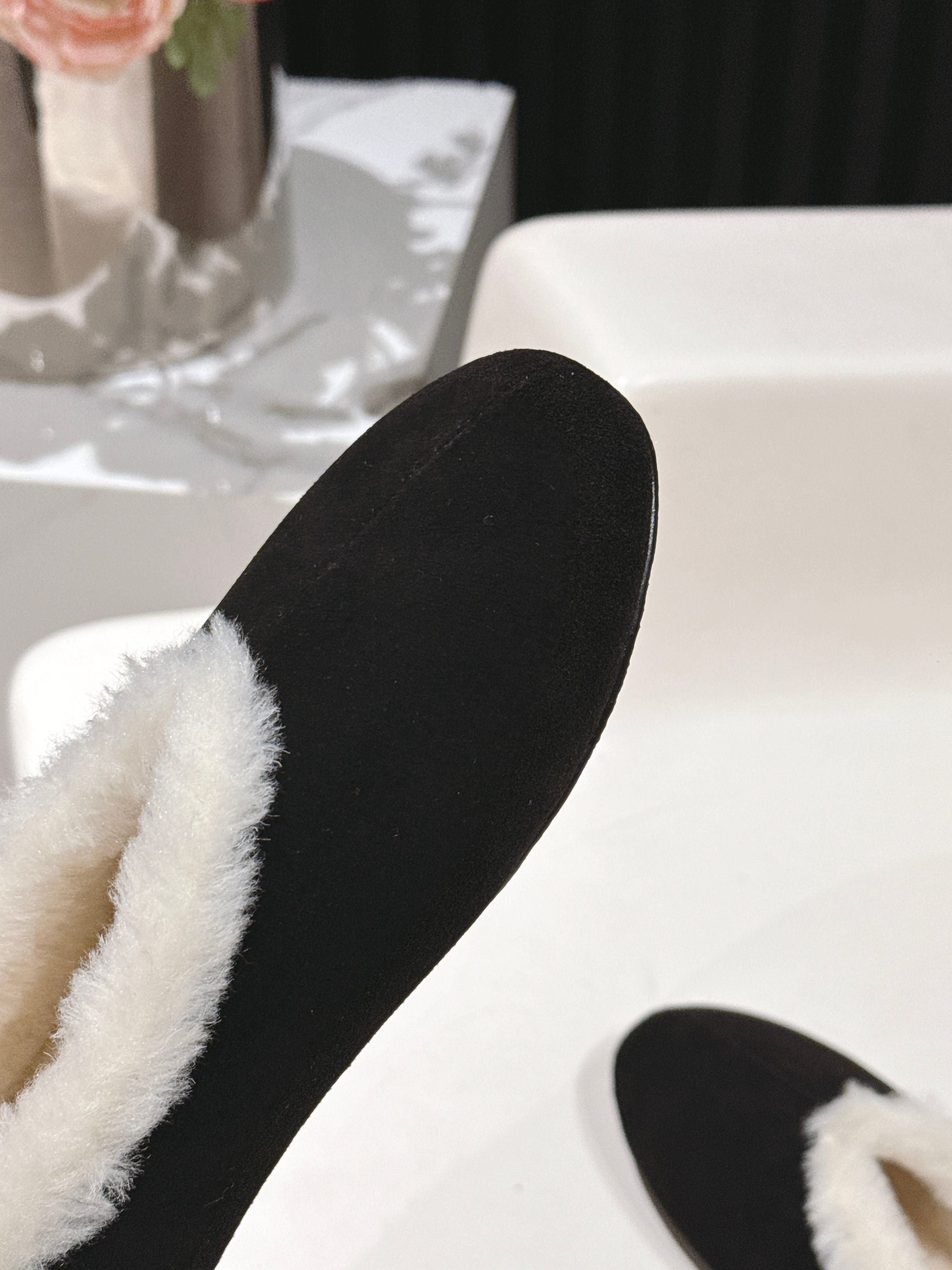 The Row 2025 Fur-lined Flat Shoe Black mix White Suede Wool 560505