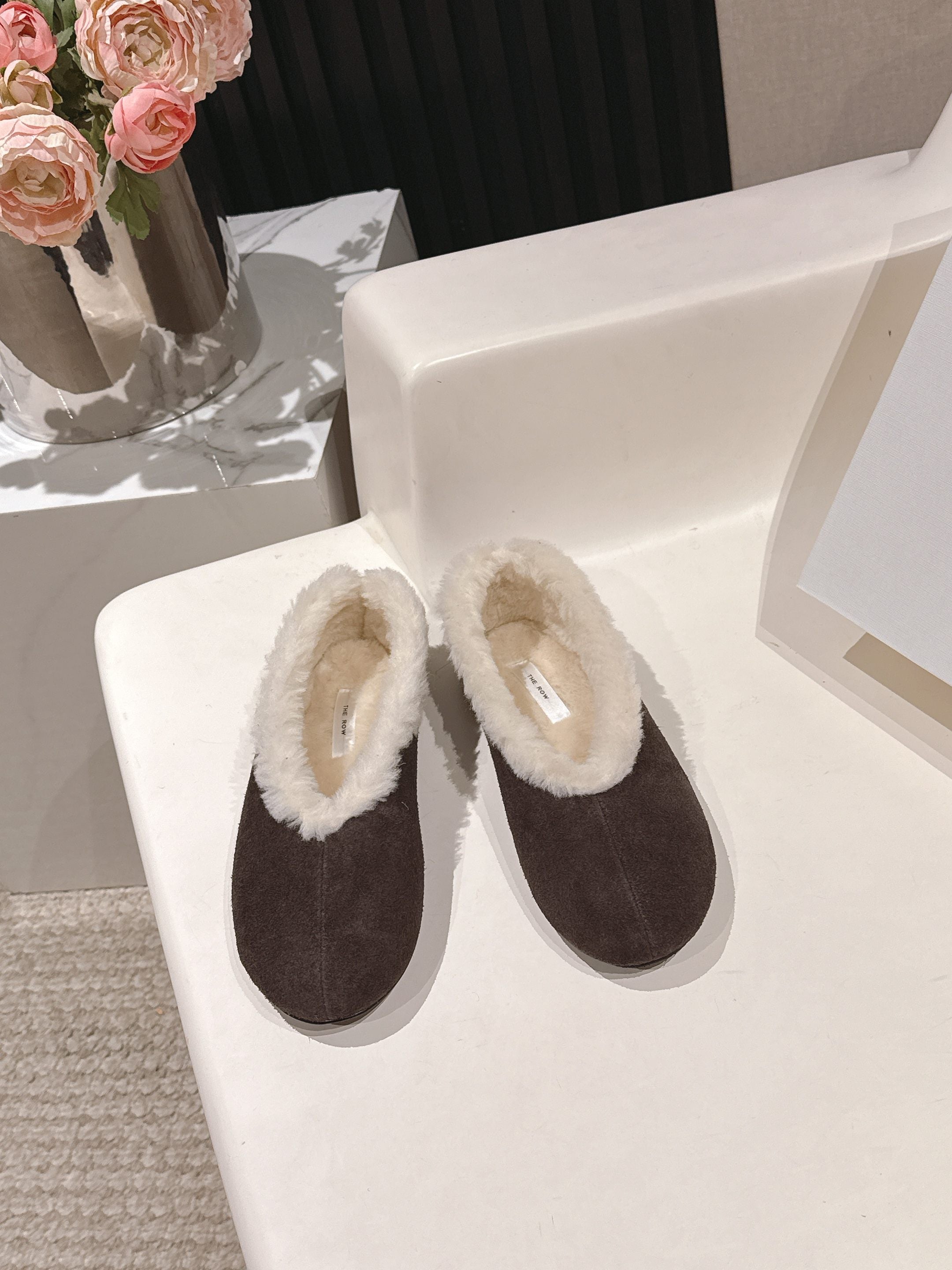 The Row 2025 Fur-lined Flat Shoe Dark Brown mix White Suede Wool 560506