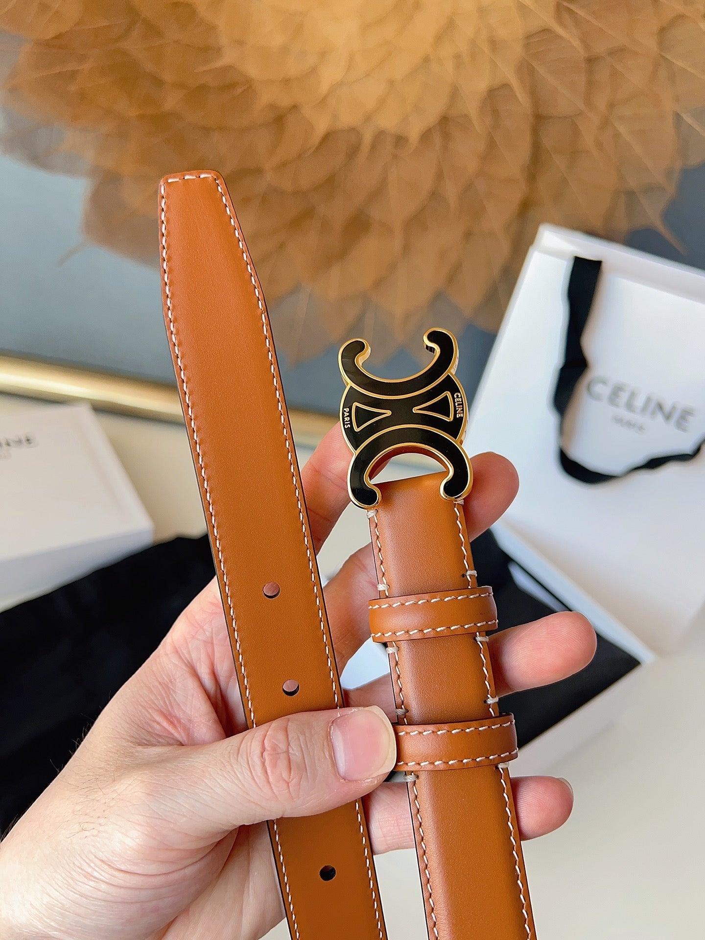 CL Black 25mm Triomphe Enamel Belt Camel Brown Cowhide 616416