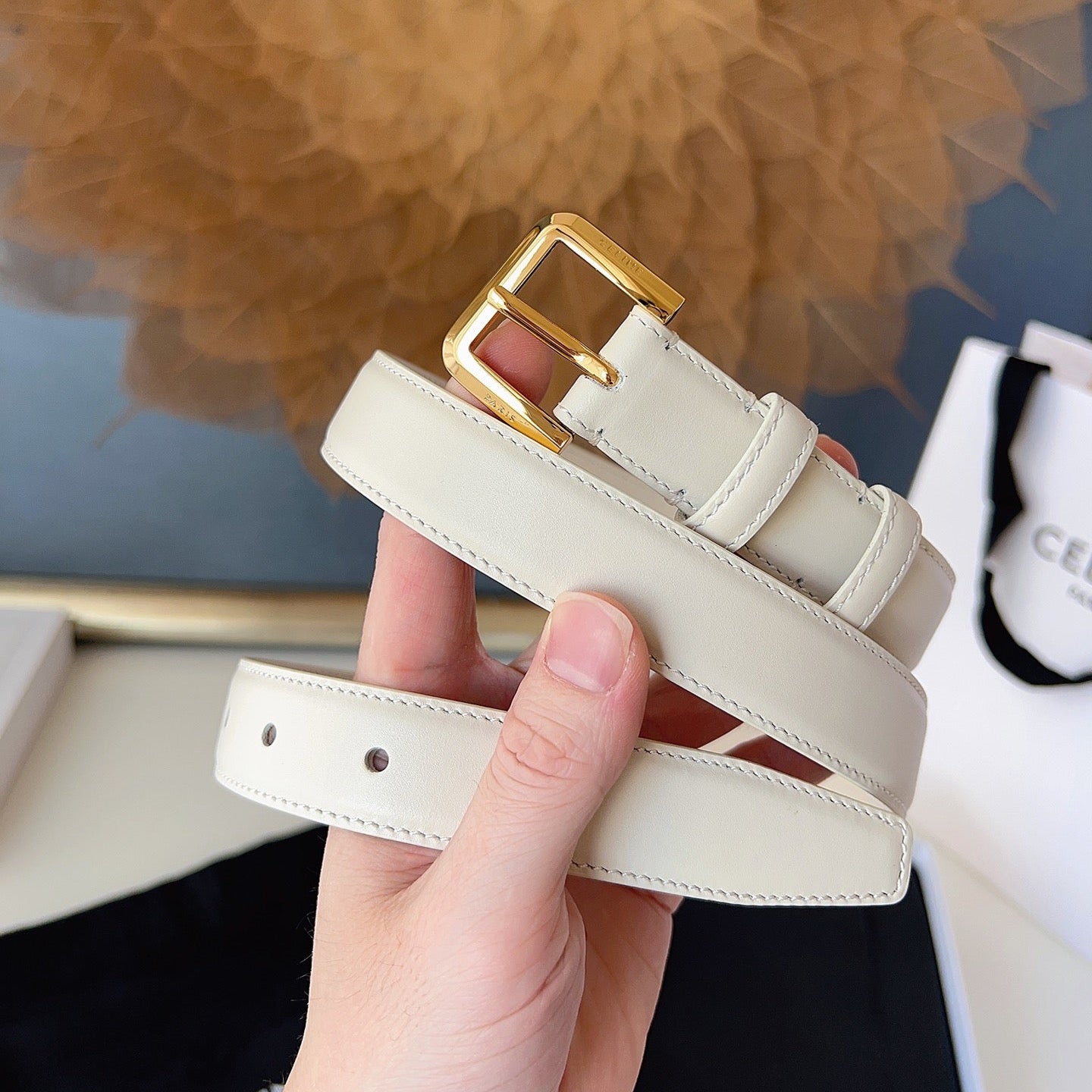 CL Gold 25mm Triomphe Belt White Cowhide 616410