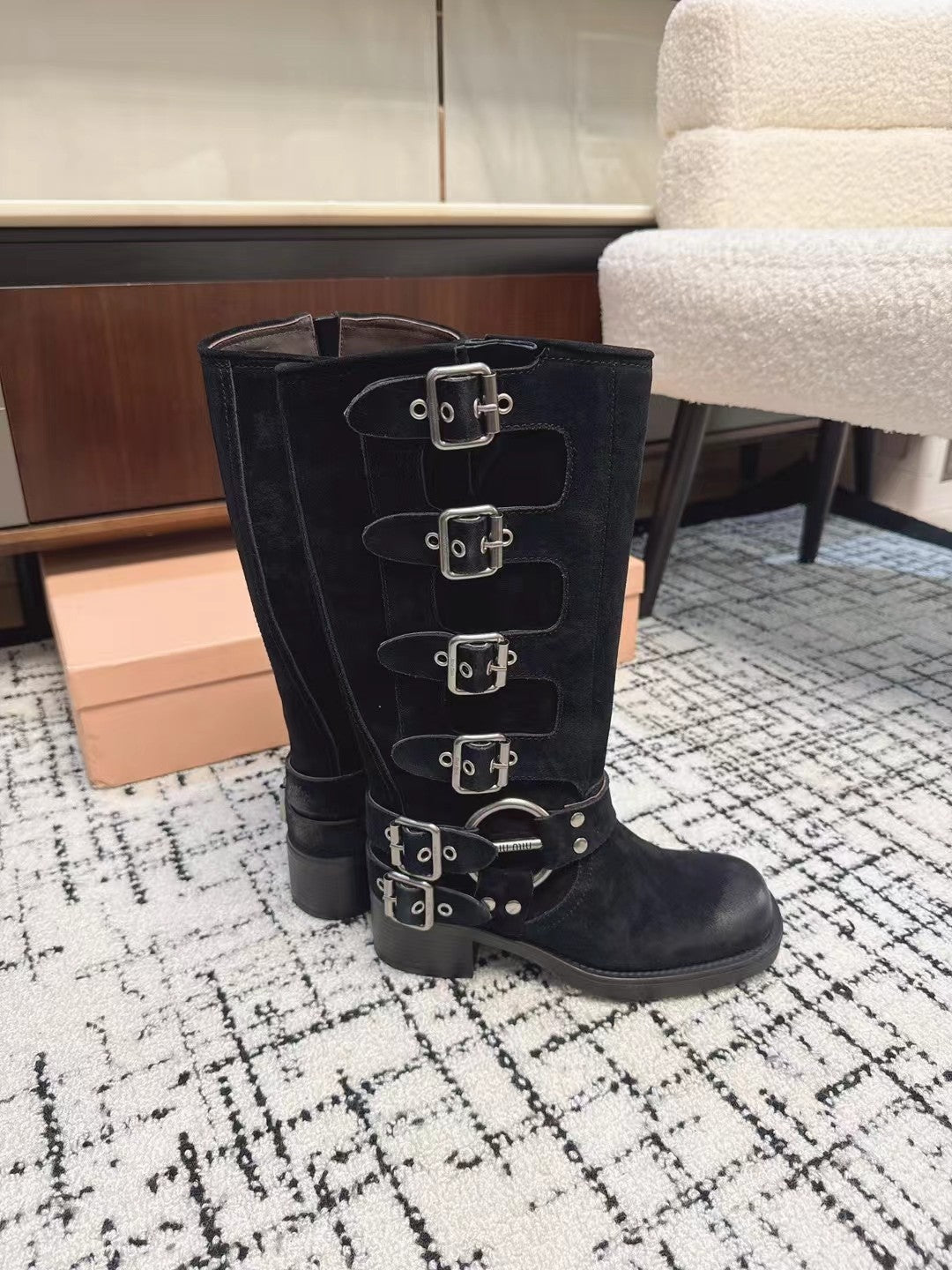 Miumiu 2026 Buckle-Detail Boots Suede Calfskin 952182