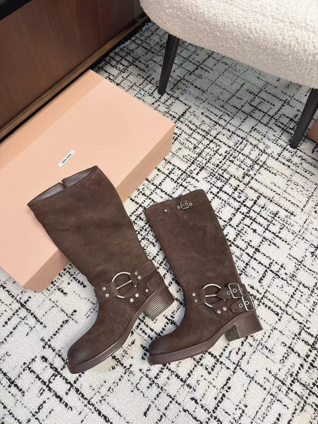 Miumiu 2026 High-Top Biker Boots Suede Calfskin 952185