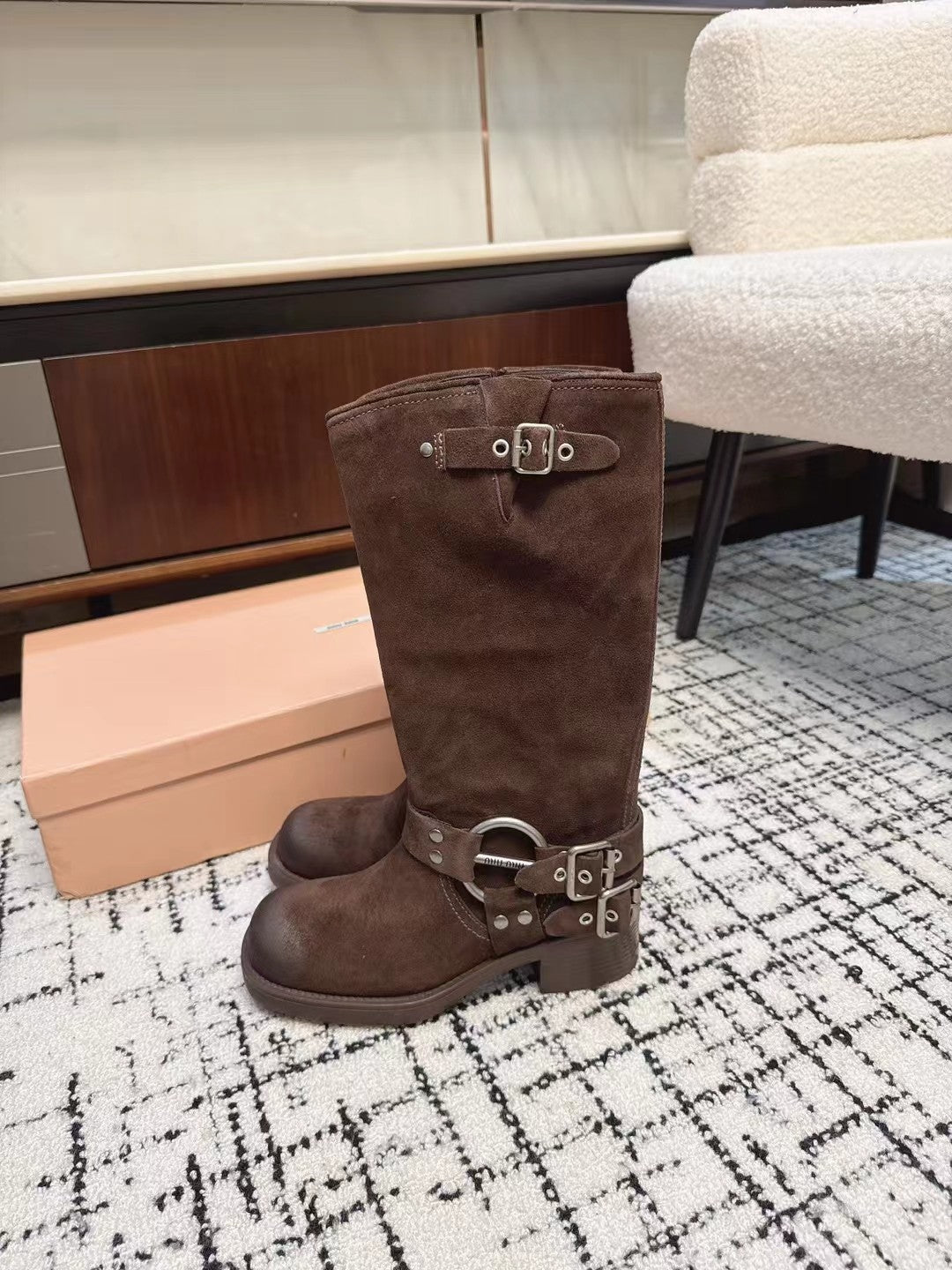 Miumiu 2026 High-Top Biker Boots Suede Calfskin 952185