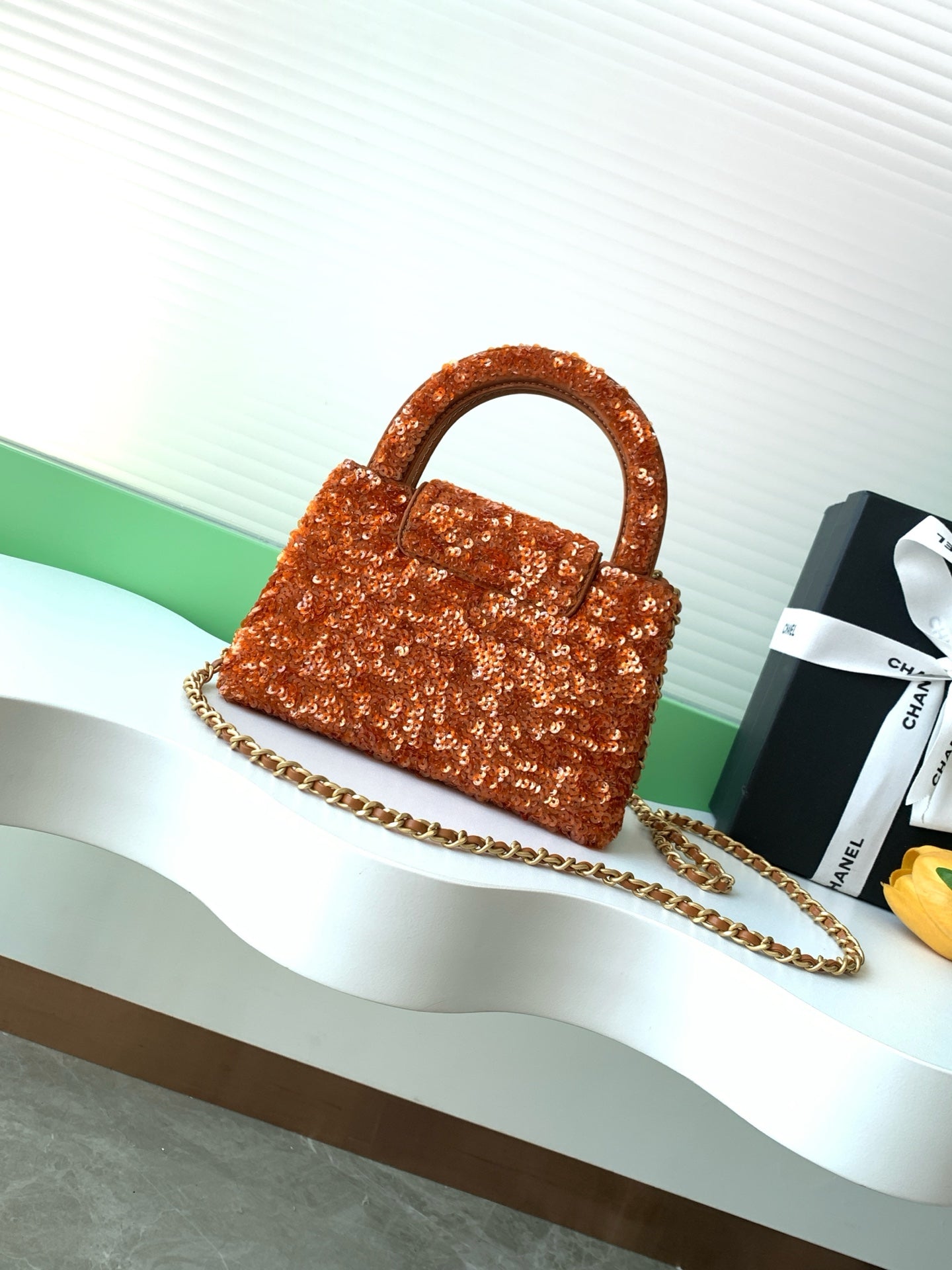 Chanel 2025 Kelly Bag 19cm Vibrant Orange Sequin Leather 319628