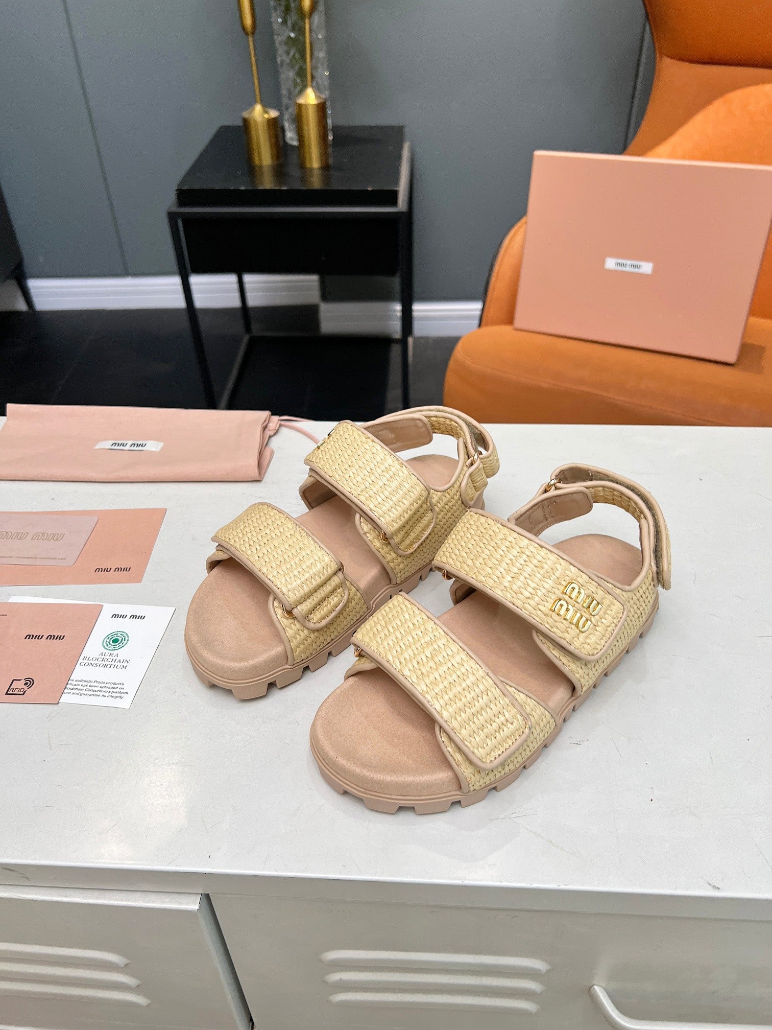 Miumiu 2026 Velcro Sandals Raffia Fiber 935597