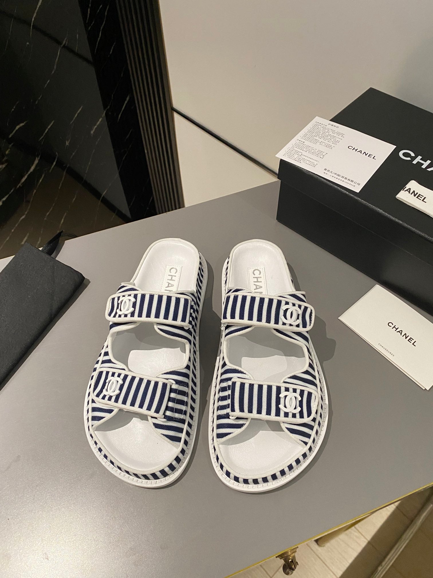 dad sandal mule striped black white fabric calfskin