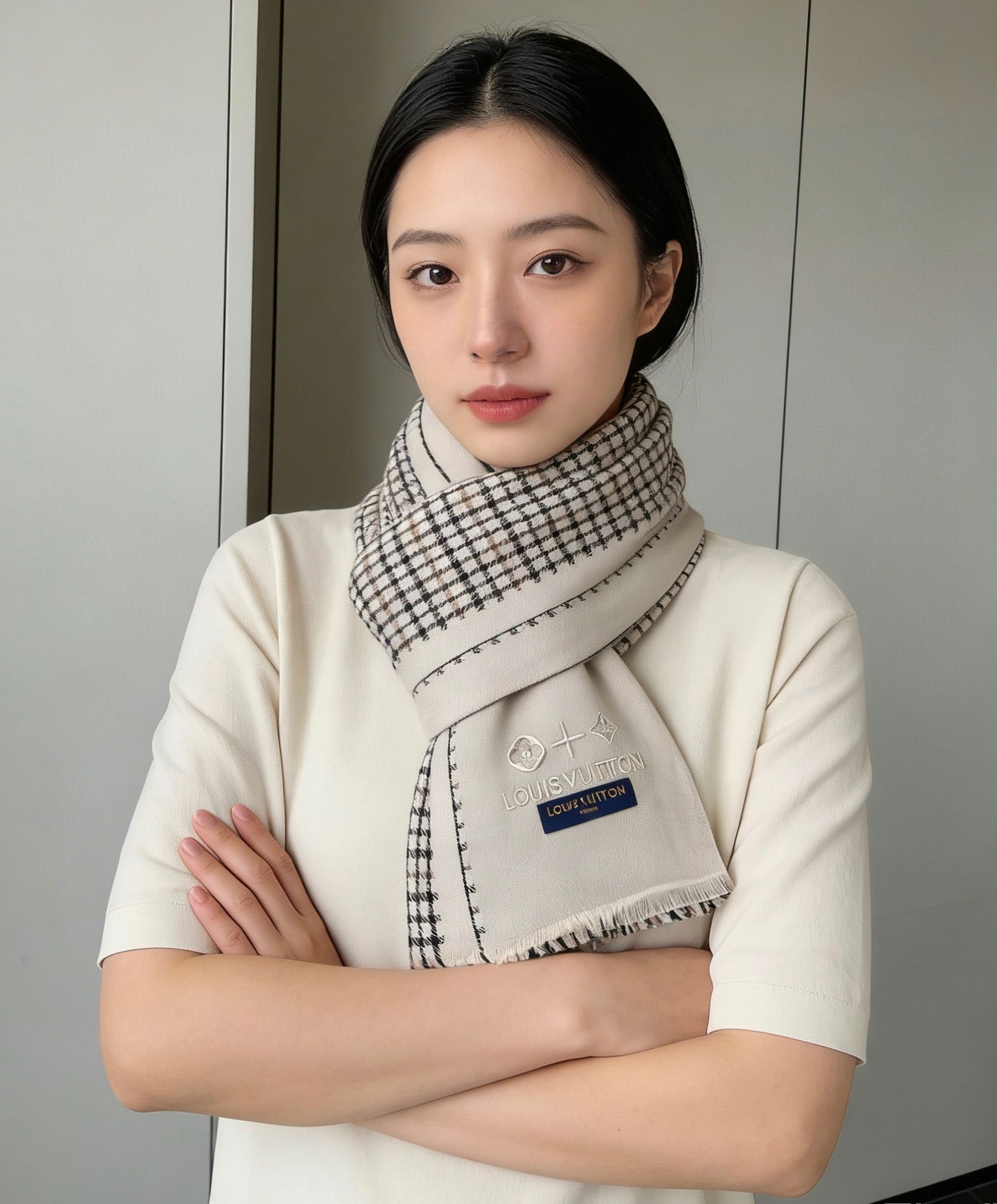 LV Monogram Scarf 180cm Light Beige Black Cashmere 969268