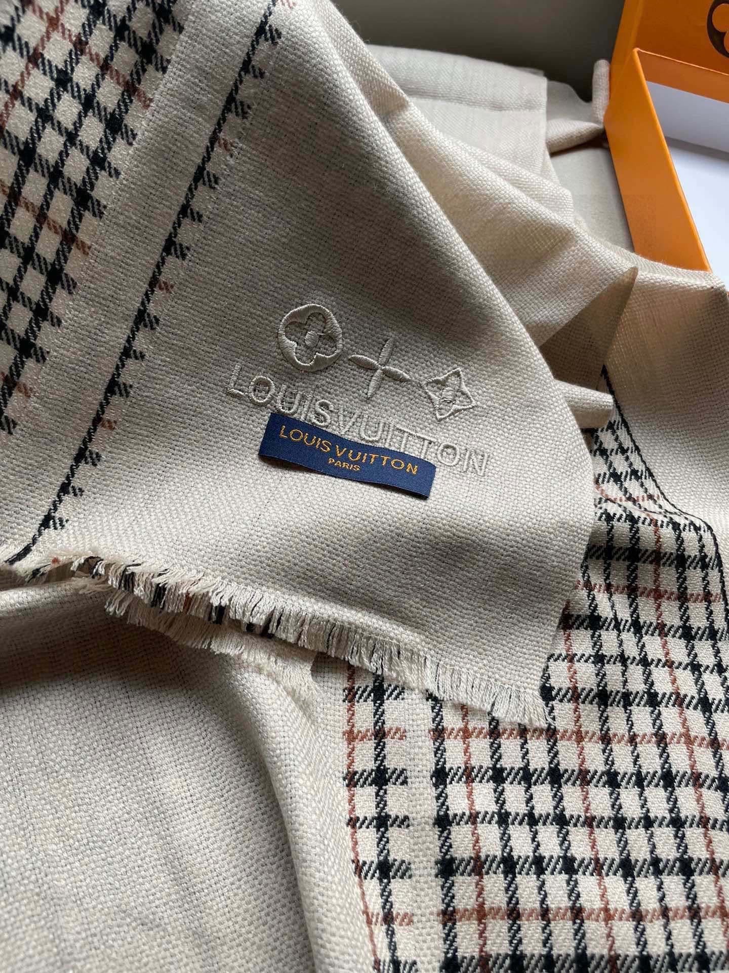 LV Monogram Scarf 180cm Light Beige Black Cashmere 969268