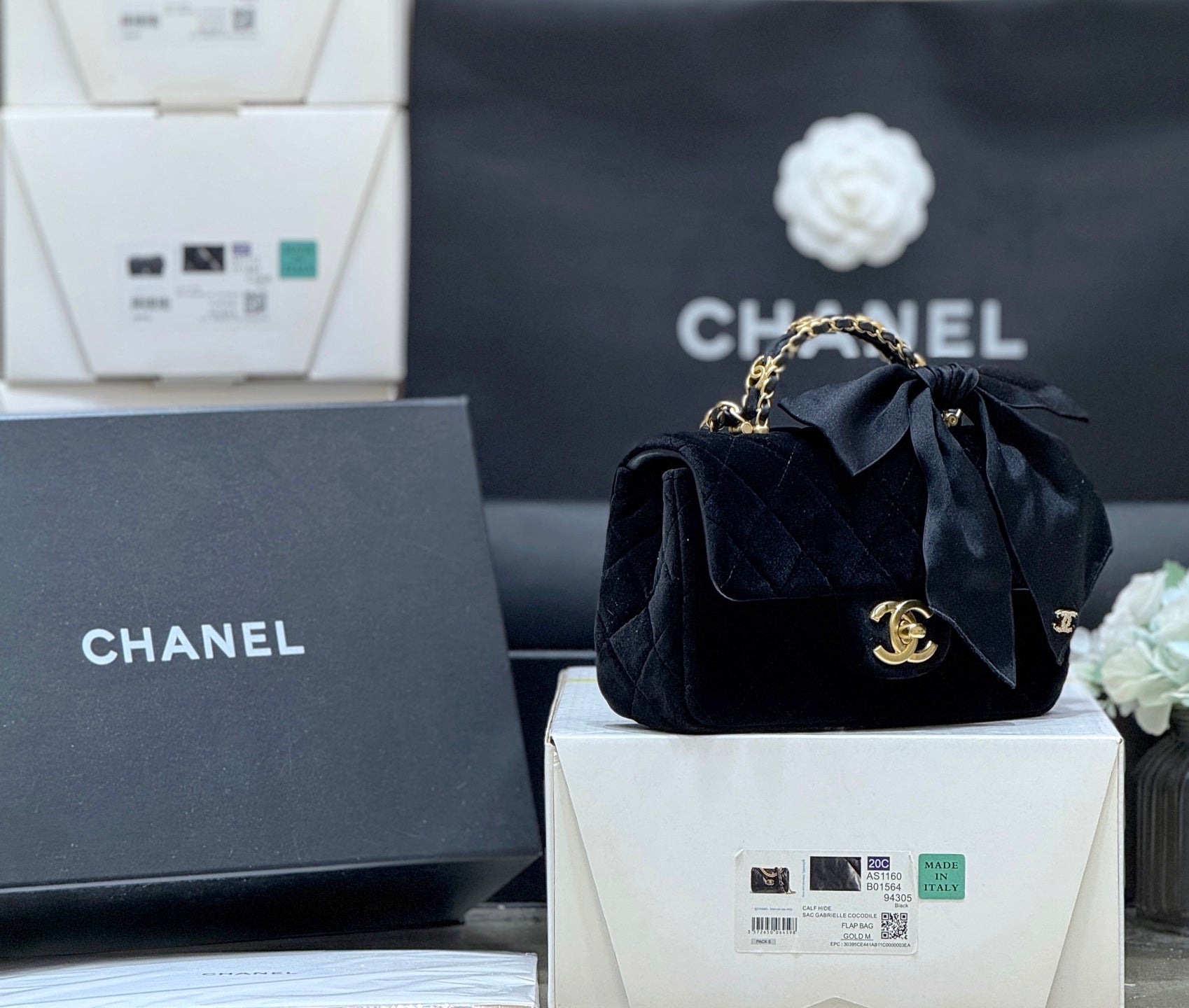 Chanel 2025 Flap Bag With Bow cm Black Velvet 345991