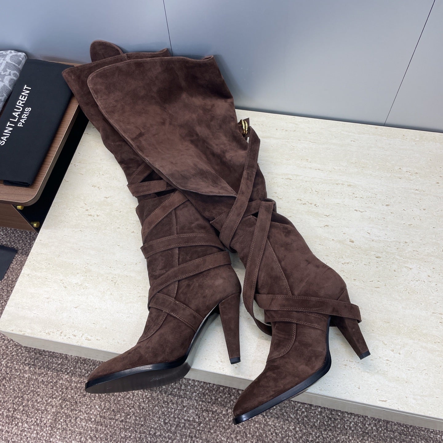 YSL 2025  Chunky Heel Pointed Toe Over-the-Knee Rider Boot Brown Suede 574019