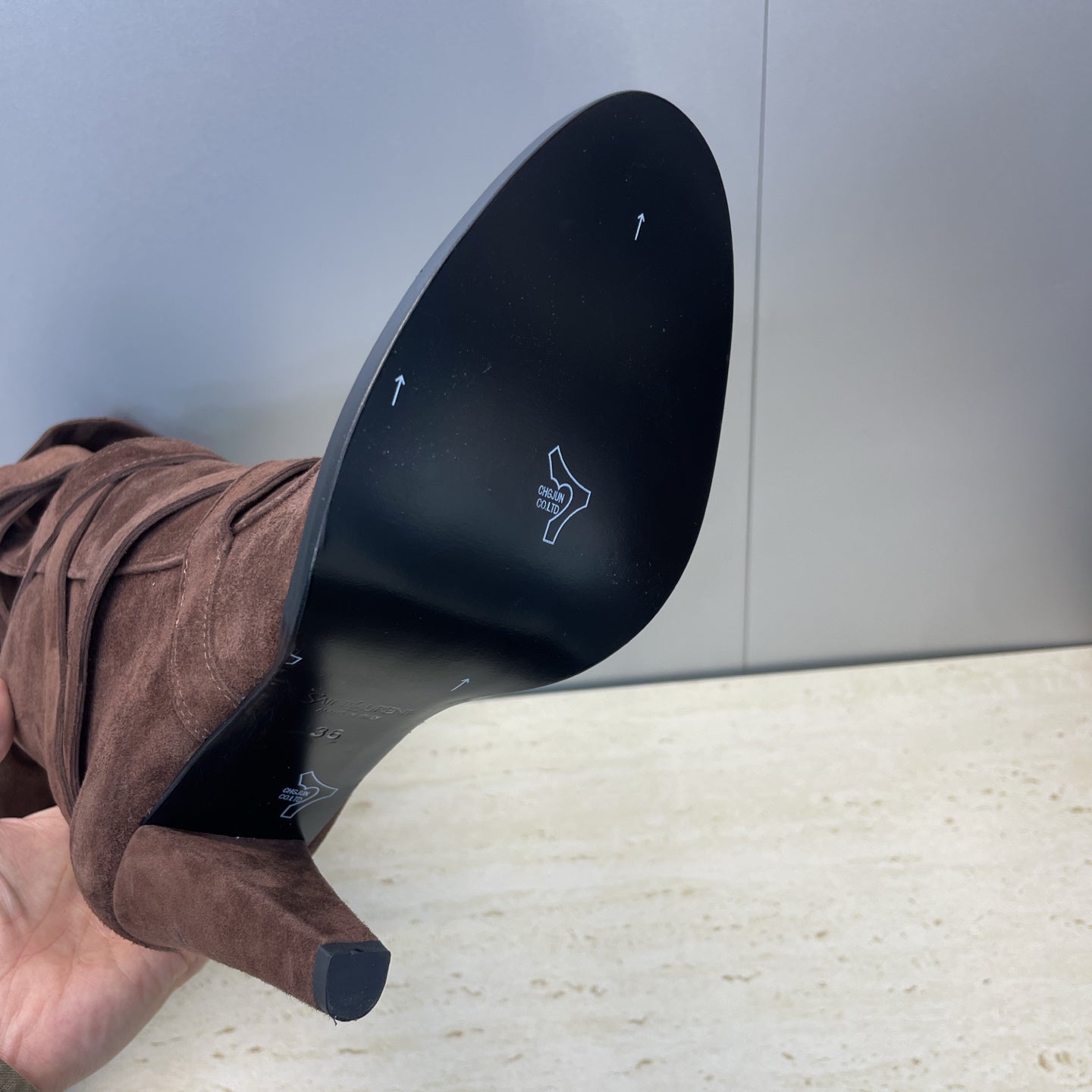 YSL 2025  Chunky Heel Pointed Toe Over-the-Knee Rider Boot Brown Suede 574019