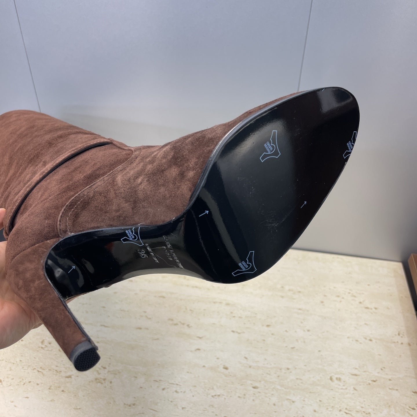 YSL 2025  High-Heeled Pointed-Toe Knee-High Rider Boot Brown Suede 574020