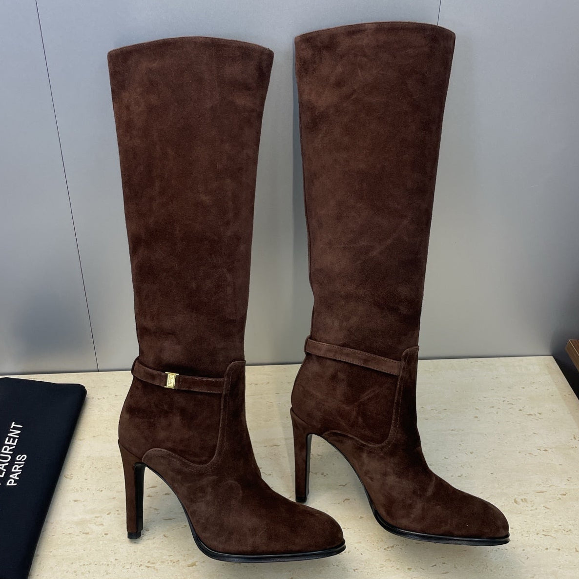 YSL 2025  High-Heeled Pointed-Toe Knee-High Rider Boot Brown Suede 574020