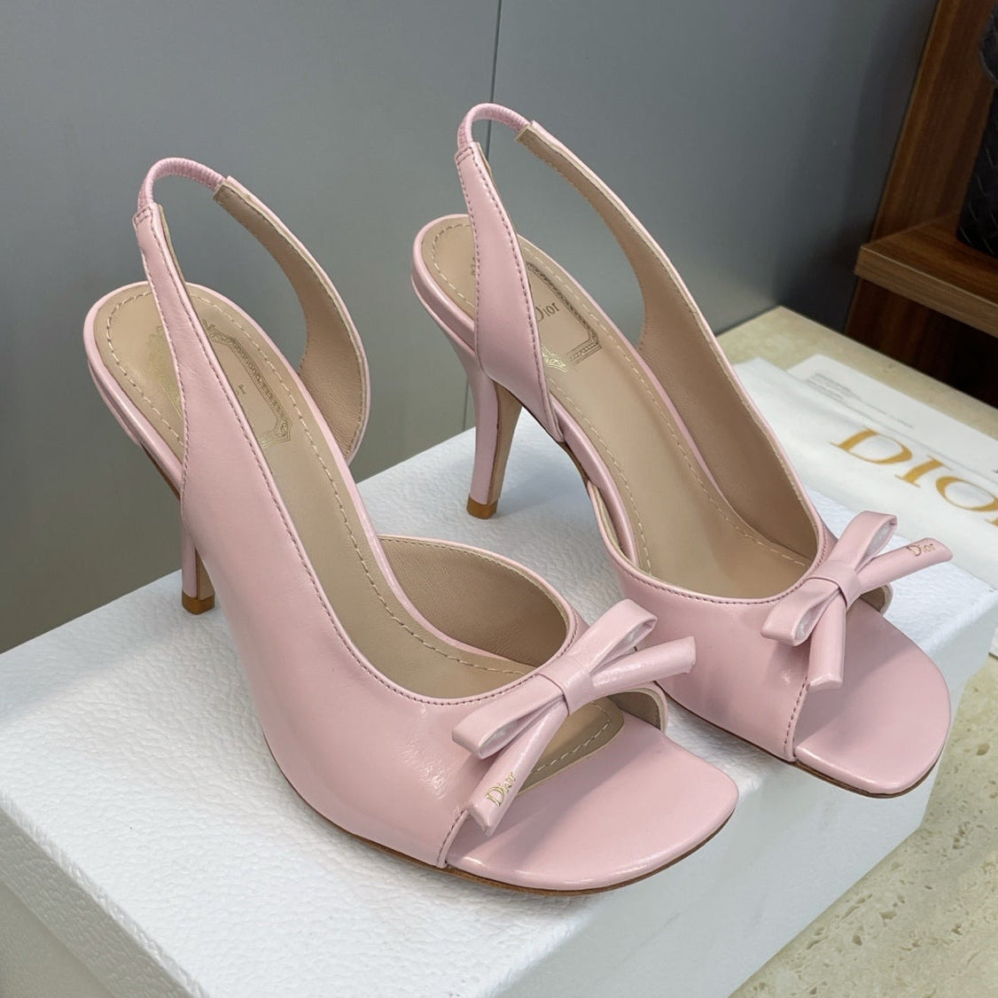 Dior 2026 Bow Heeled Slingback Sandal 75mm Pink Lambskin 607567