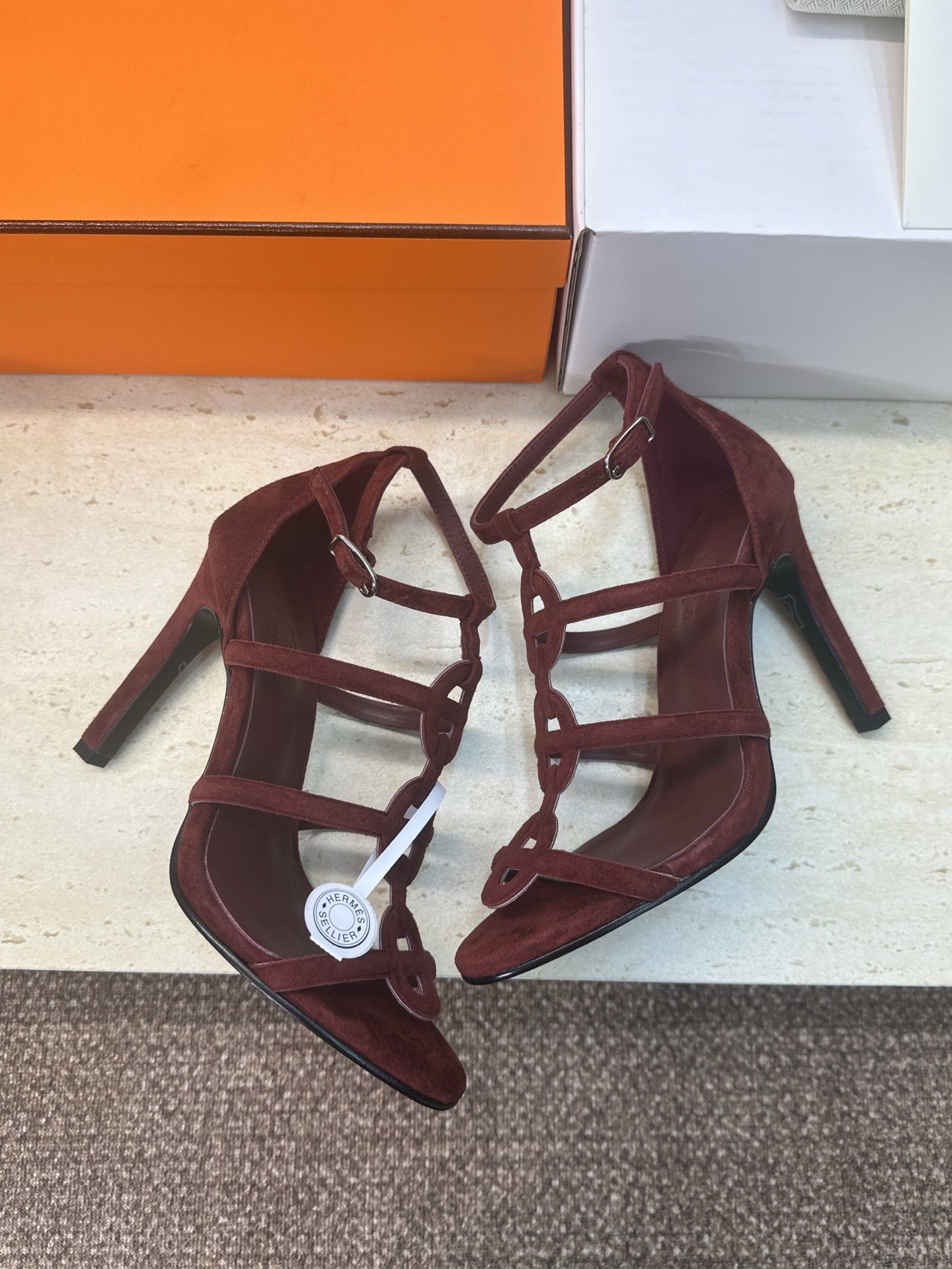 HM 26ss High Heels Sandals 95 Burgundy Suede 633223