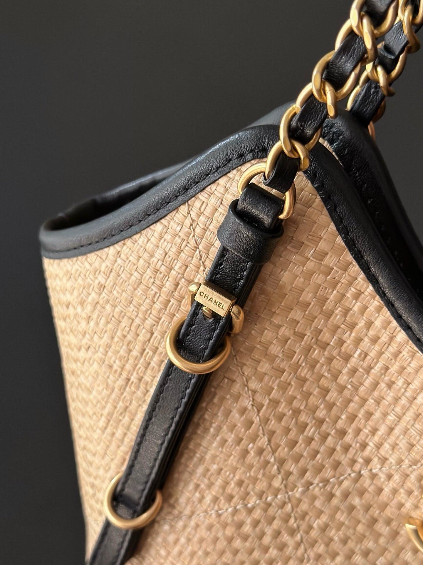 Chanel 2025 Maxi Hobo Bag 31cm Dark Beige mix Black Straw Leather 320858