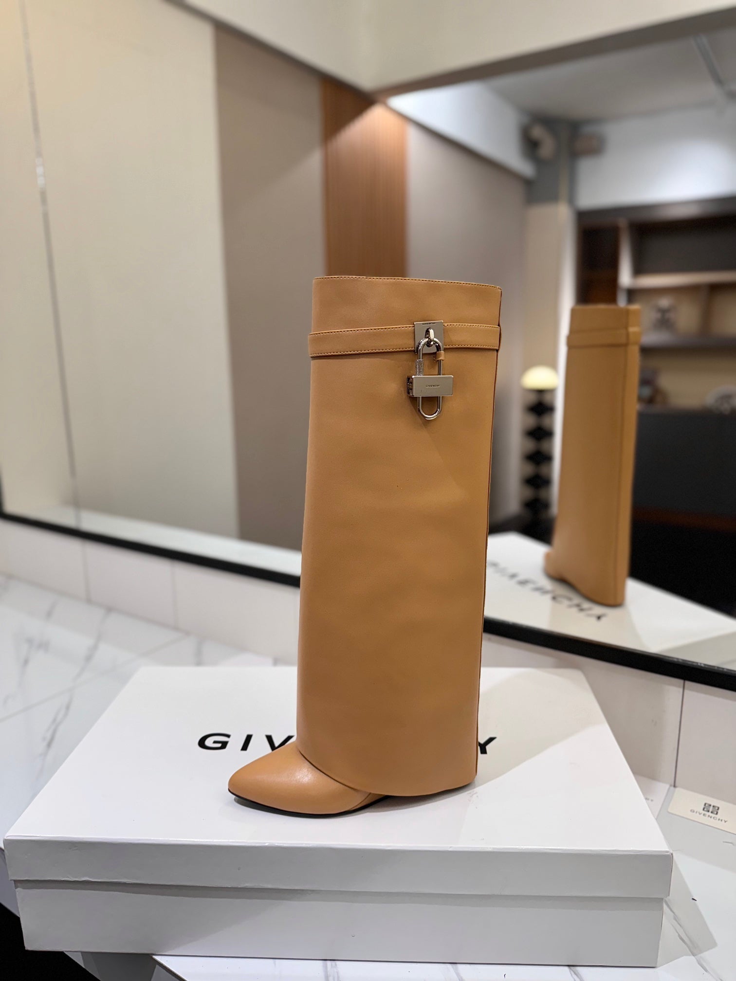 Givenchy 2025 Shark Lock High Boot Beige Calfskin