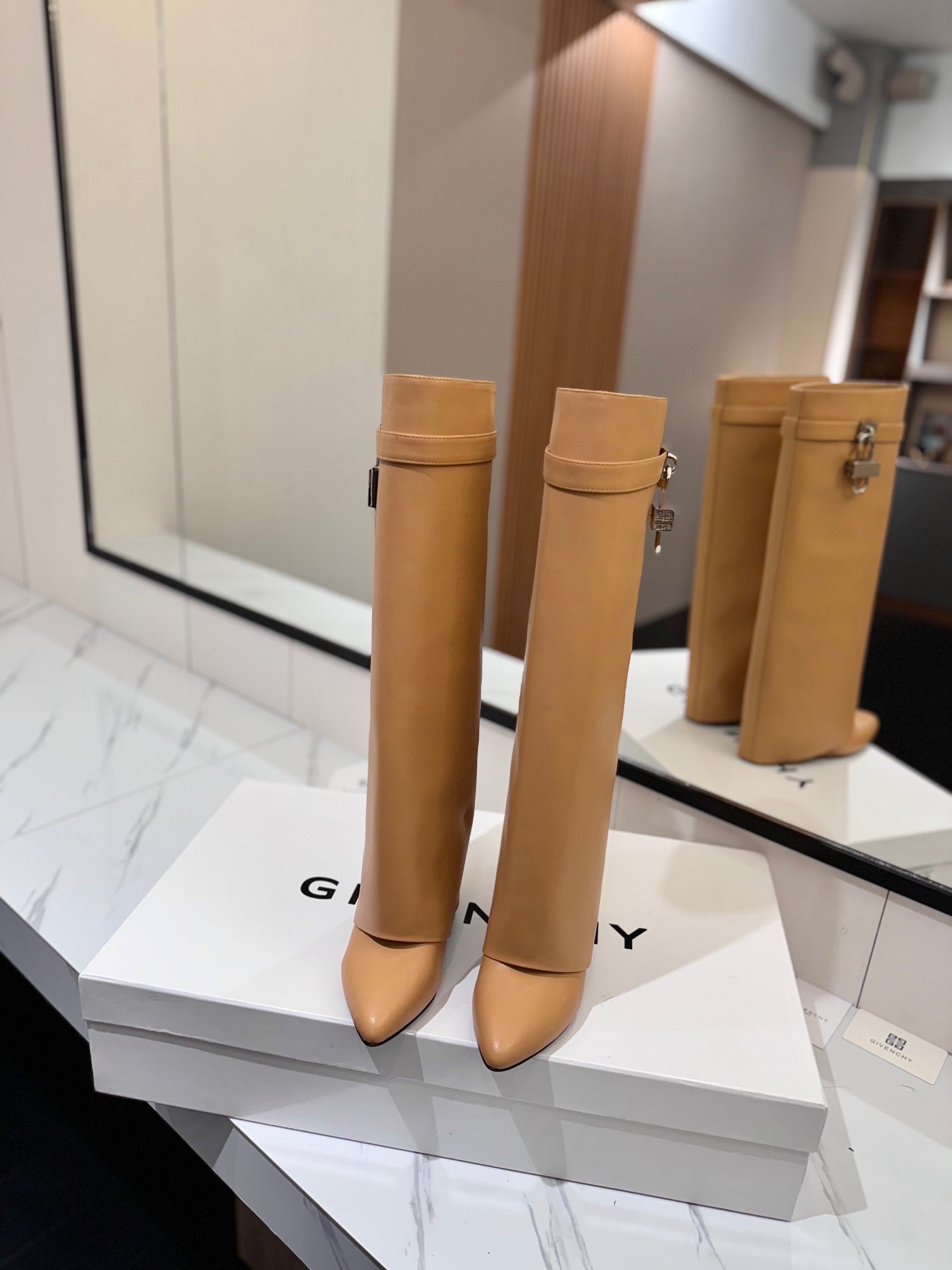 Givenchy 2025 Shark Lock High Boot Beige Calfskin