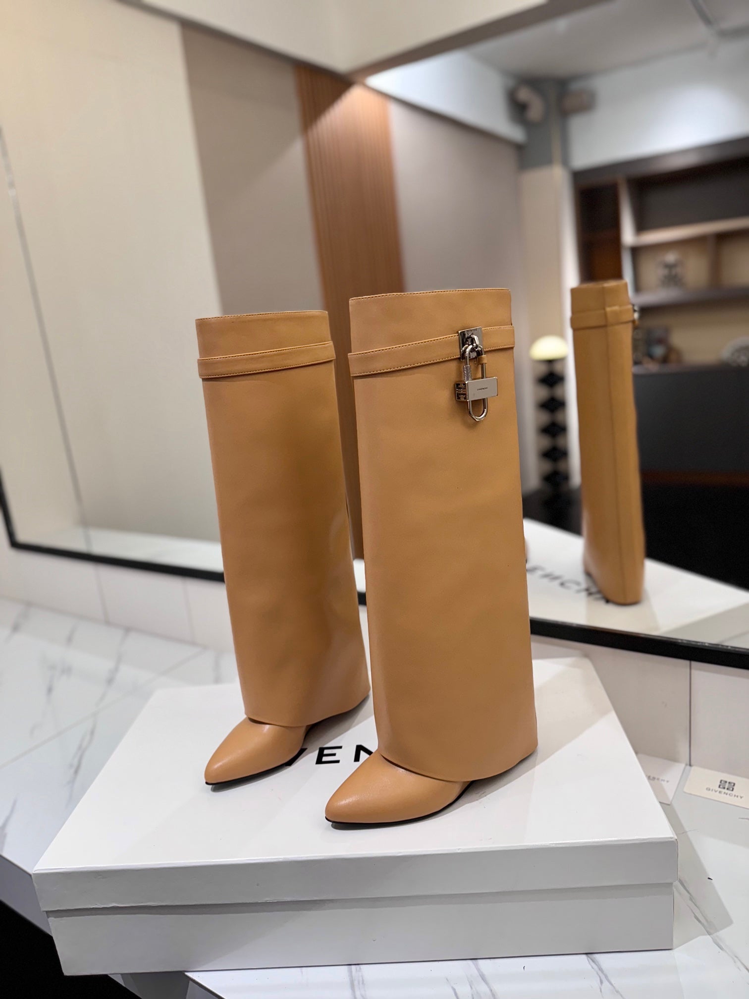 Givenchy 2025 Shark Lock High Boot Beige Calfskin