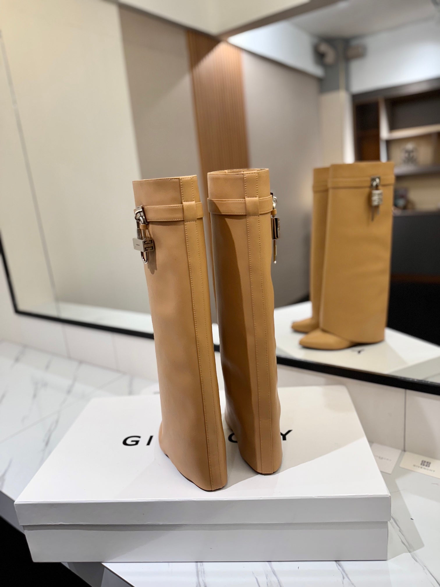 Givenchy 2025 Shark Lock High Boot Beige Calfskin