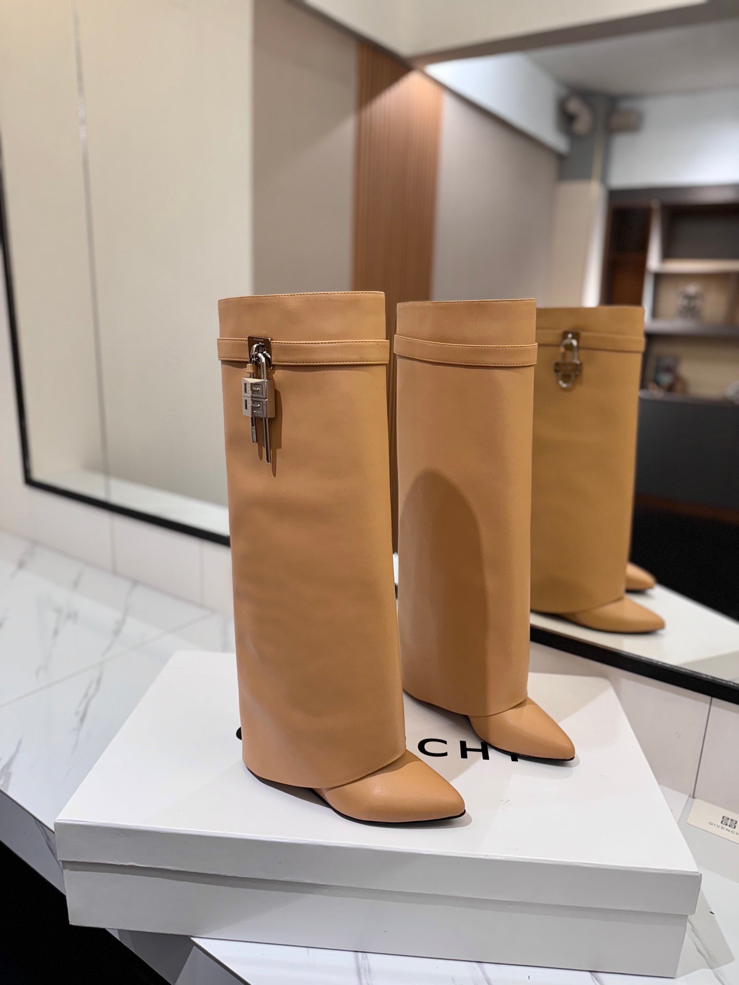 Givenchy 2025 Shark Lock High Boot Beige Calfskin