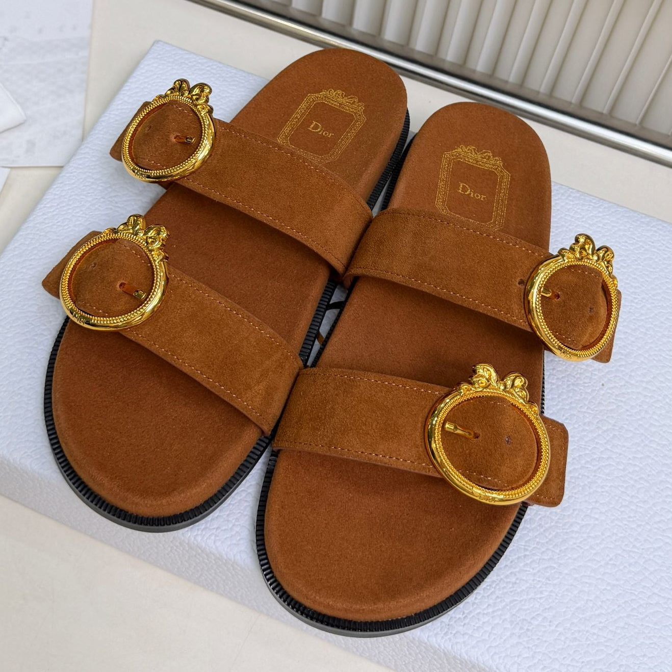 Dior 2026 Medaillon Buckle Slide Brown Suede 981761