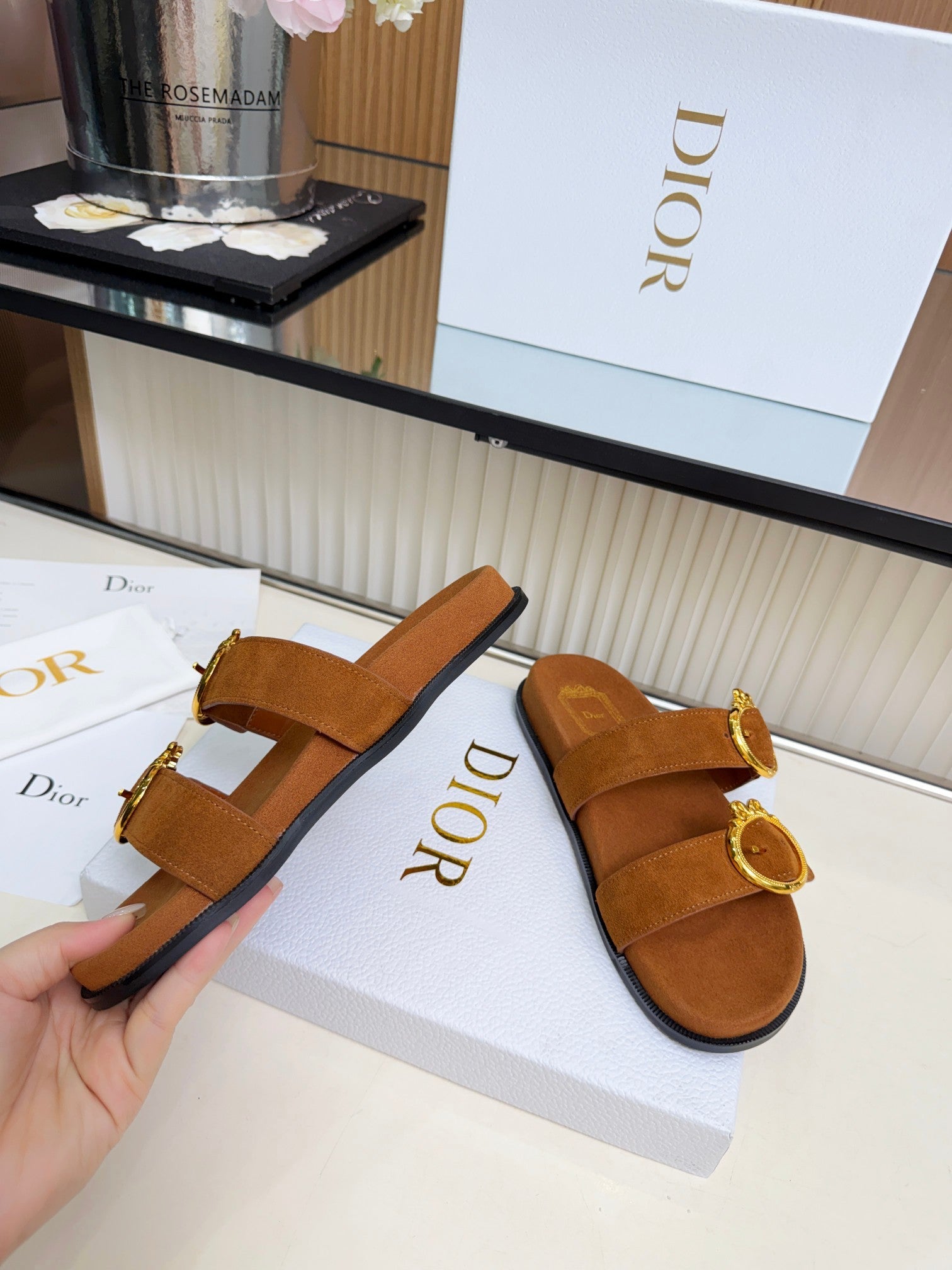 Dior 2026 Medaillon Buckle Slide Brown Suede 981761
