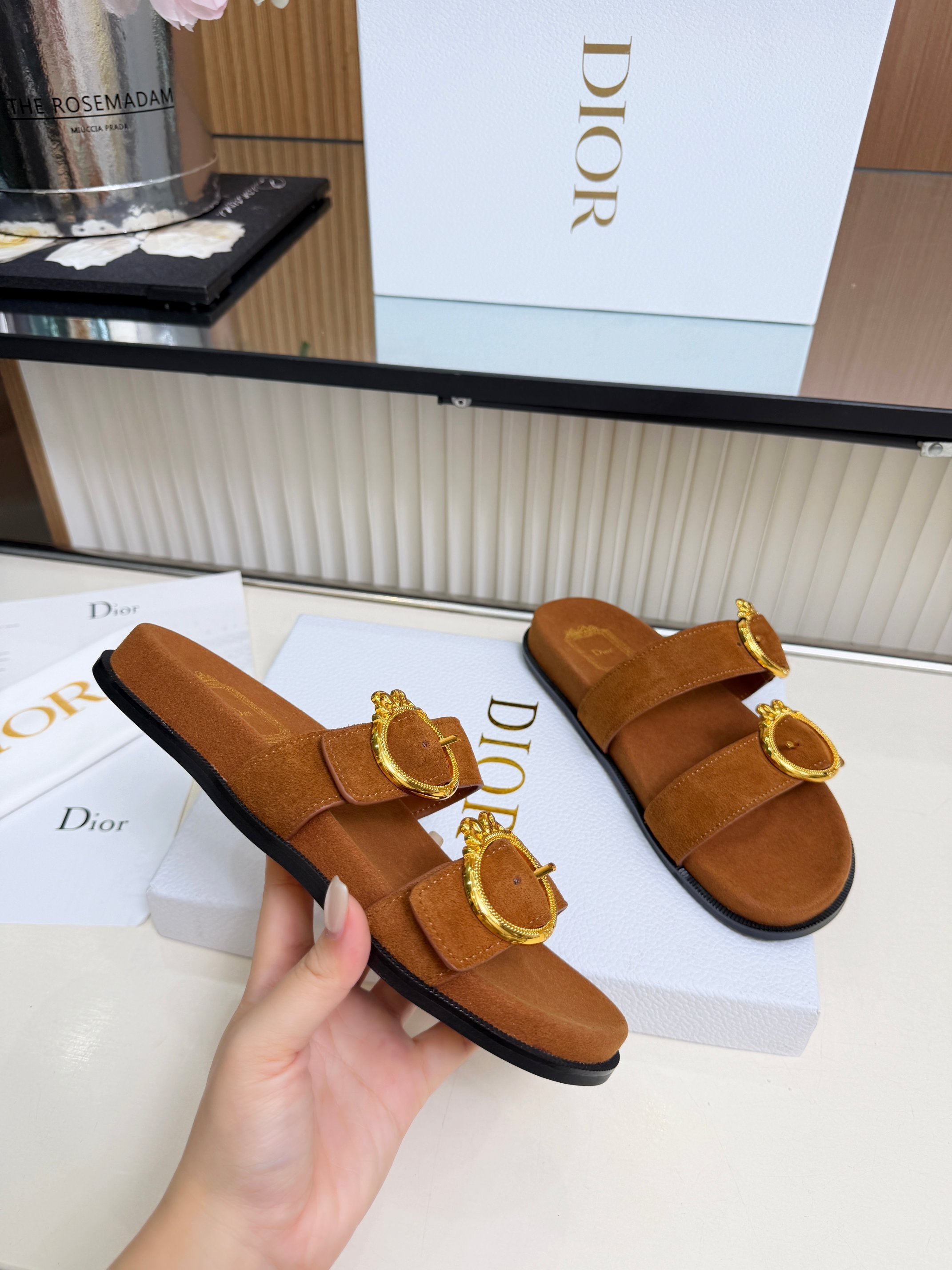 Dior 2026 Medaillon Buckle Slide Brown Suede 981761