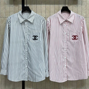 Chanel 2026 Logo Embroidered Striped Shirt Pink and Black Cotton 355062
